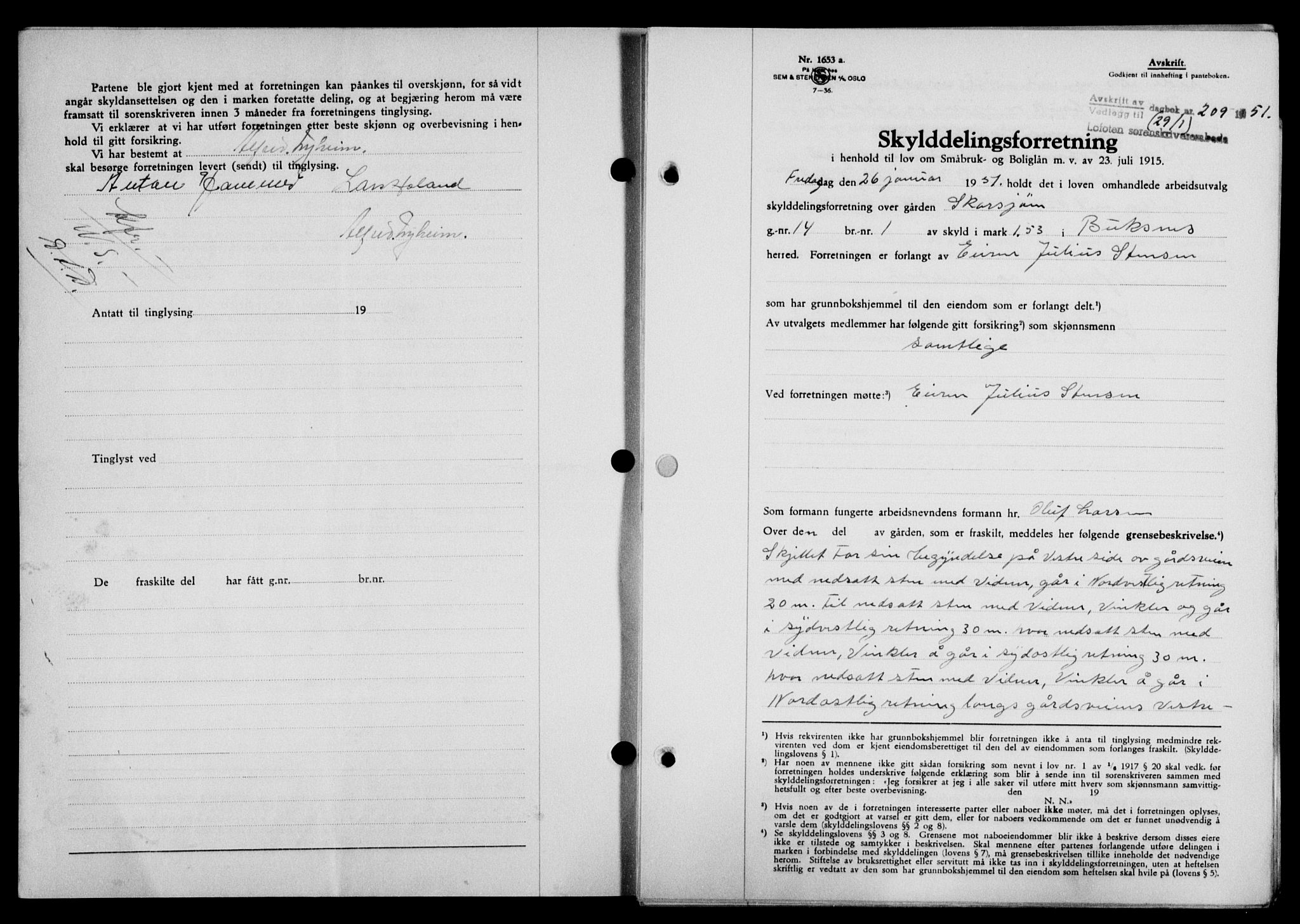 Lofoten sorenskriveri, SAT/A-0017/1/2/2C/L0025a: Mortgage book no. 25a, 1950-1951, Diary no: : 209/1951