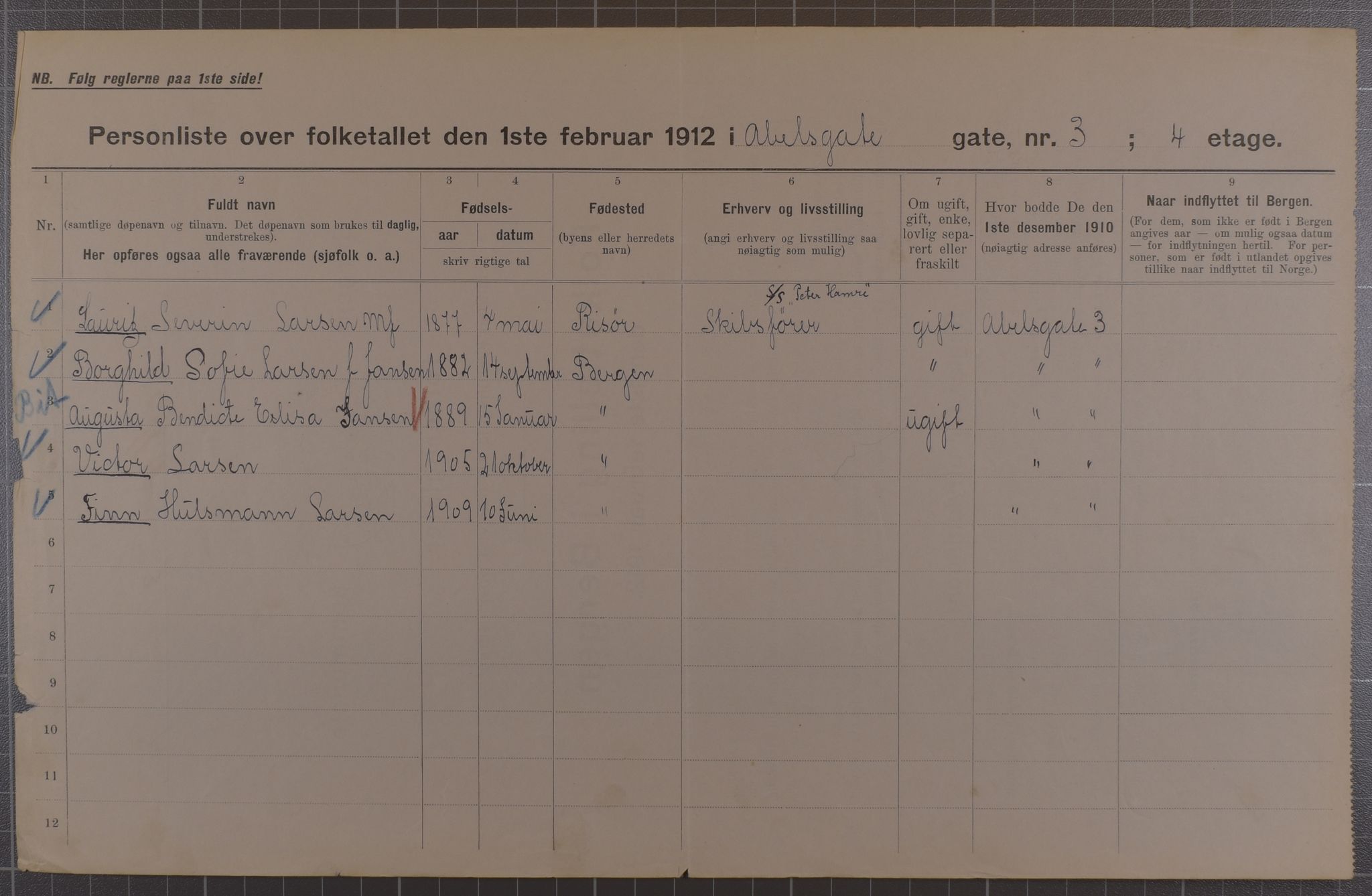 SAB, Municipal Census 1912 for Bergen, 1912, p. 202