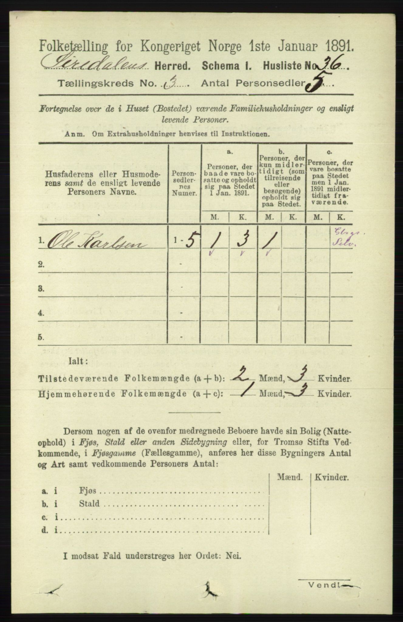 RA, 1891 census for 1046 Sirdal, 1891, p. 656