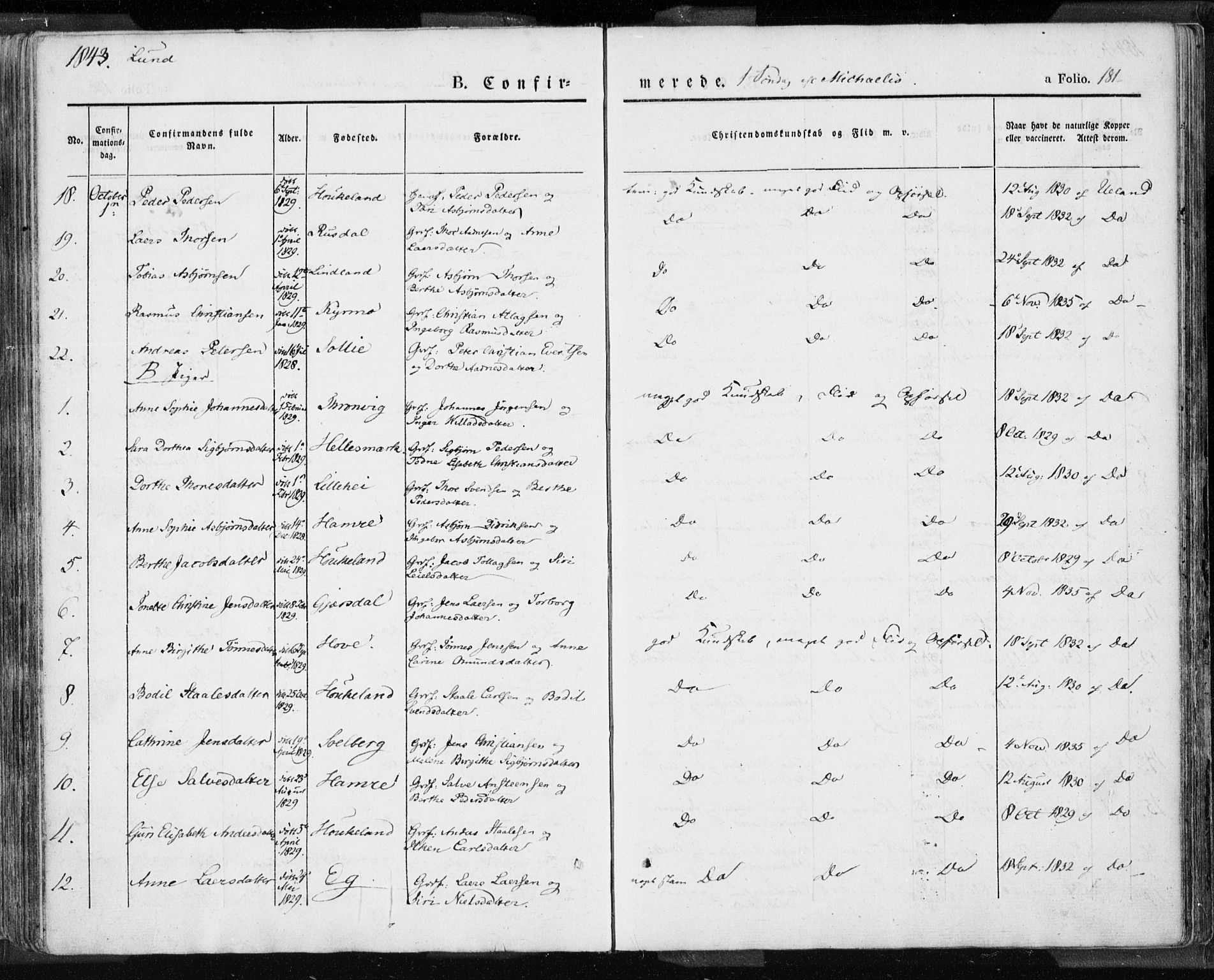 Lund sokneprestkontor, AV/SAST-A-101809/S06/L0007: Parish register (official) no. A 7.1, 1833-1854, p. 181