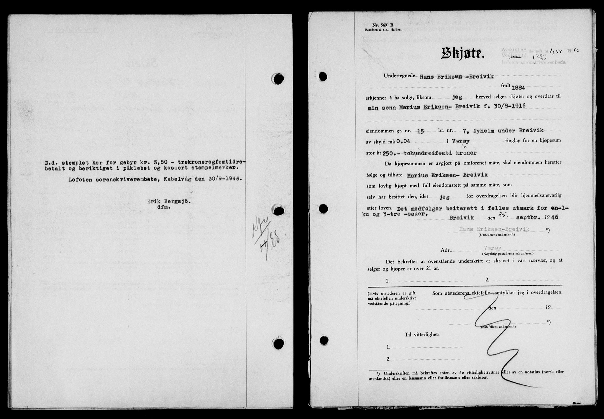 Lofoten sorenskriveri, SAT/A-0017/1/2/2C/L0014a: Mortgage book no. 14a, 1946-1946, Diary no: : 1354/1946