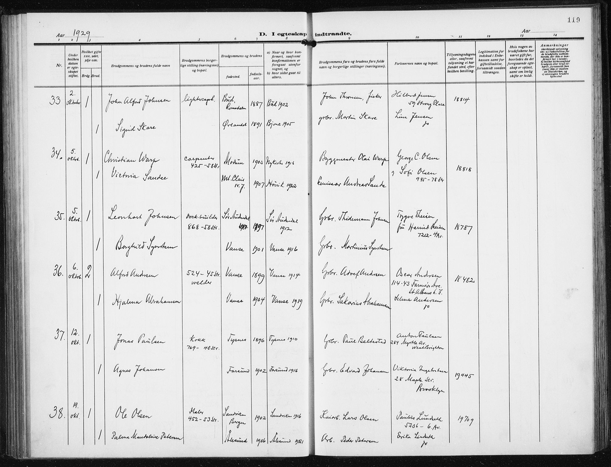 Den norske sjømannsmisjon i utlandet/New York, AV/SAB-SAB/PA-0110/H/Ha/L0008: Parish register (official) no. A 8, 1923-1935, p. 119