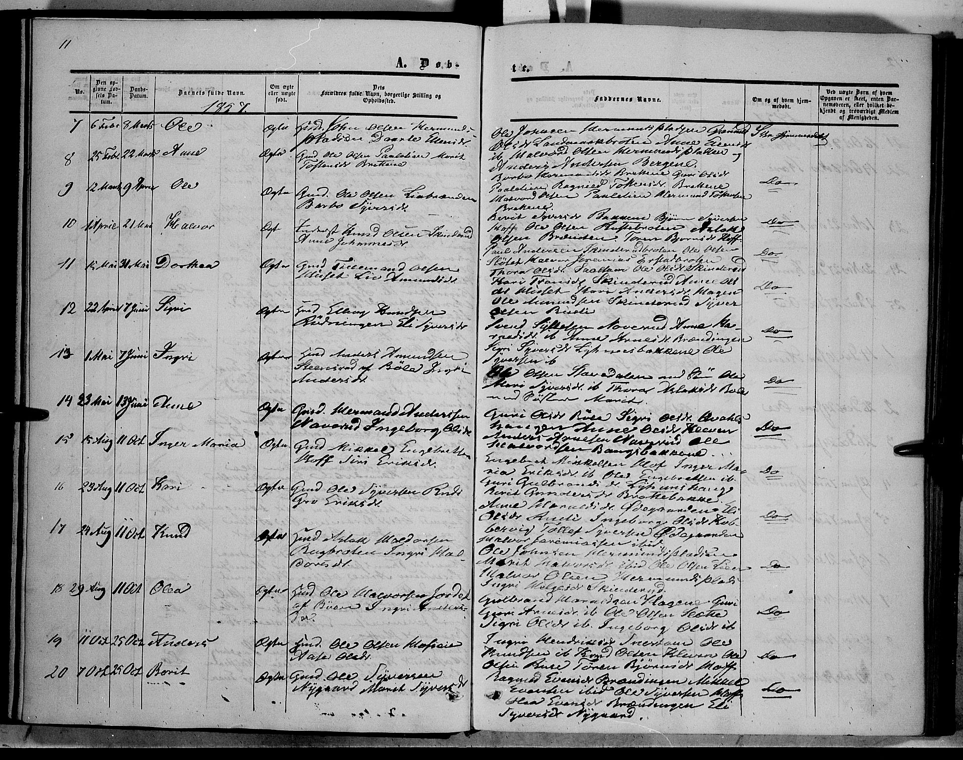 Sør-Aurdal prestekontor, SAH/PREST-128/H/Ha/Haa/L0006: Parish register (official) no. 6, 1849-1876, p. 11