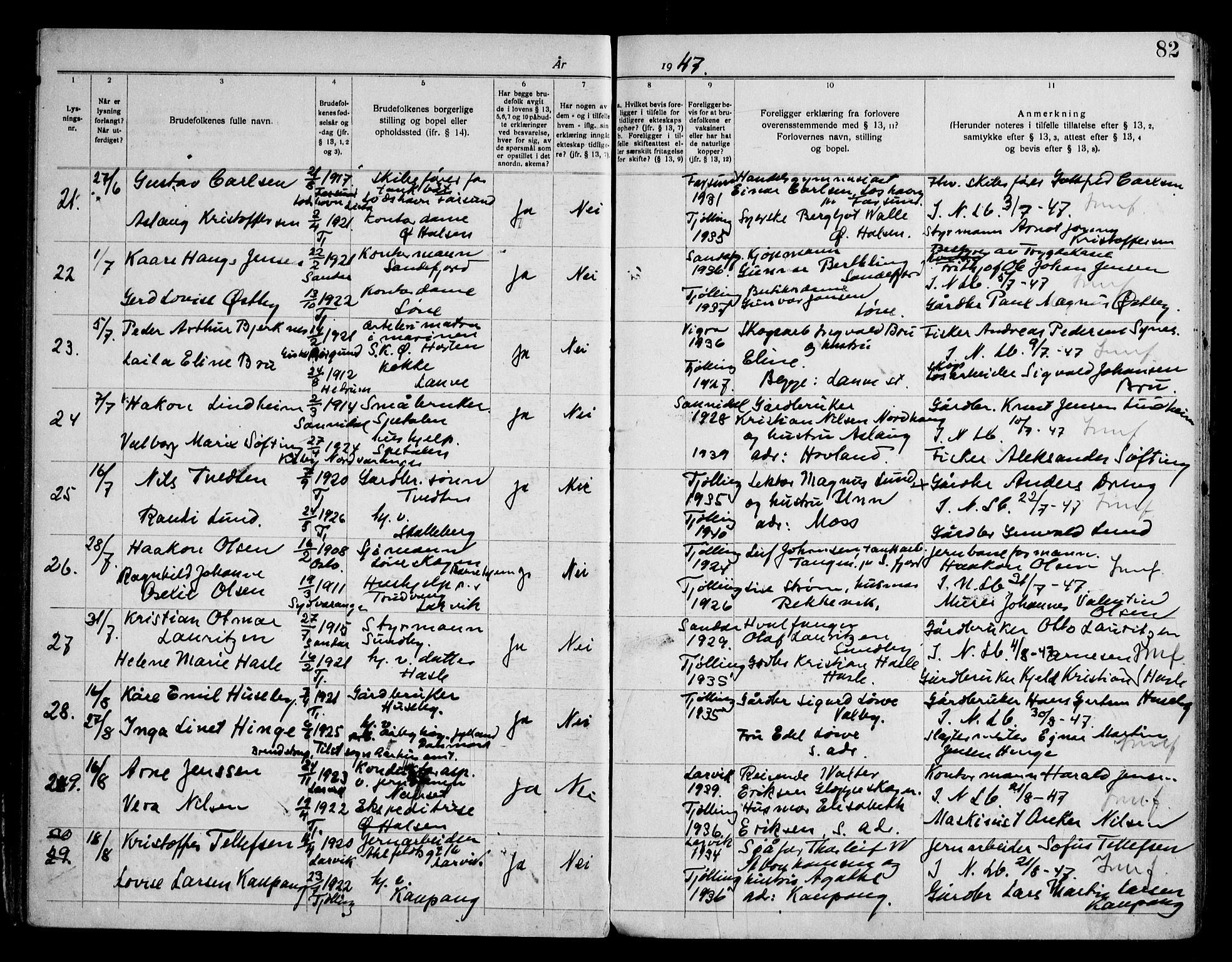 Tjølling kirkebøker, AV/SAKO-A-60/H/Ha/L0001: Banns register no. 1, 1919-1950, p. 82