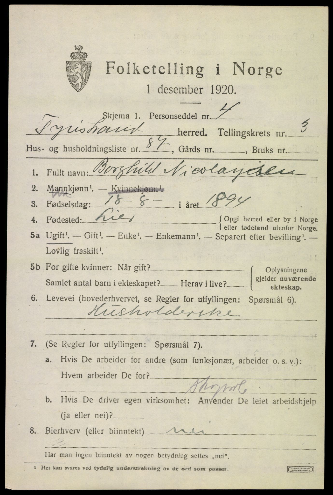 SAKO, 1920 census for Tyristrand, 1920, p. 2982