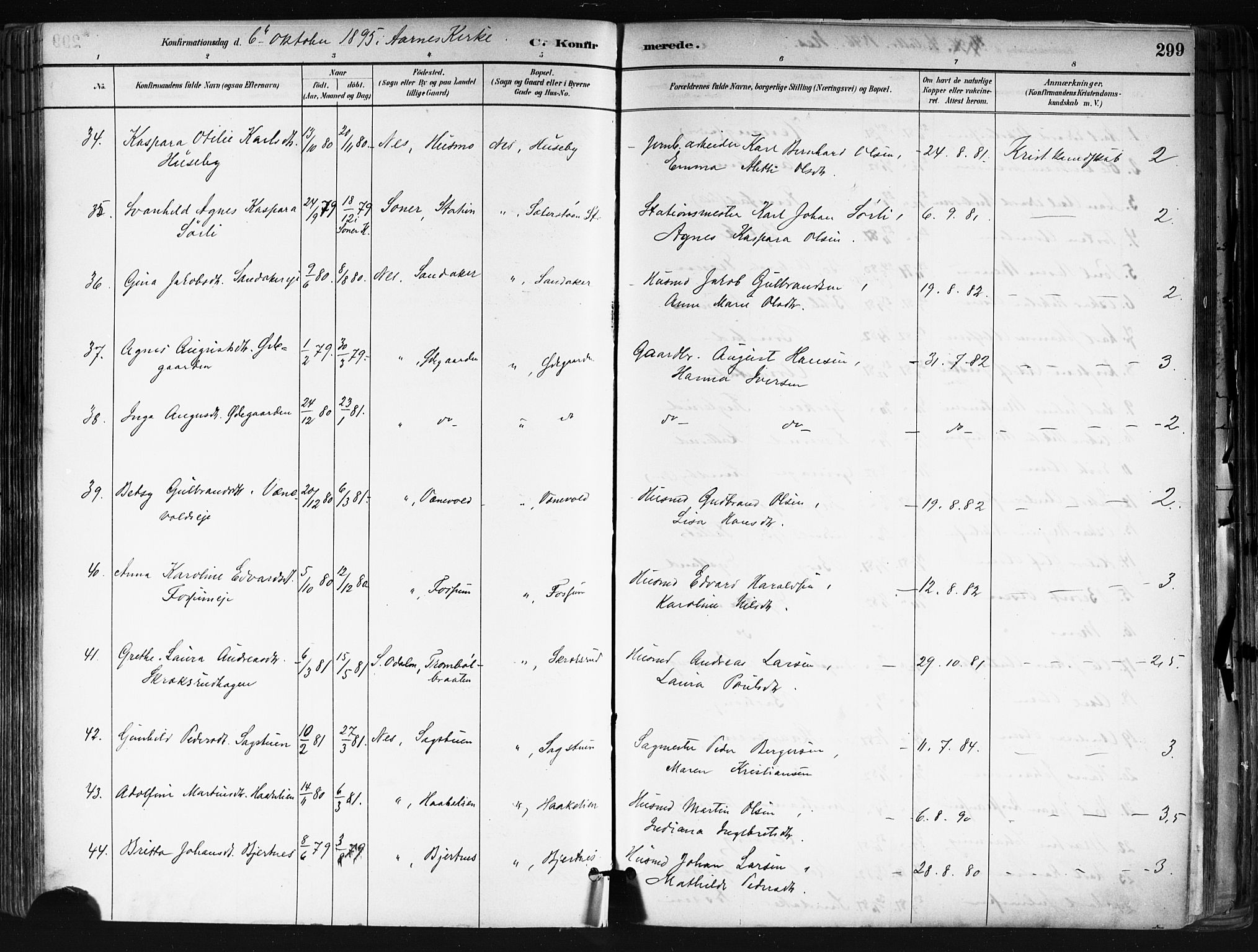 Nes prestekontor Kirkebøker, AV/SAO-A-10410/F/Fa/L0010: Parish register (official) no. I 10, 1883-1898, p. 299