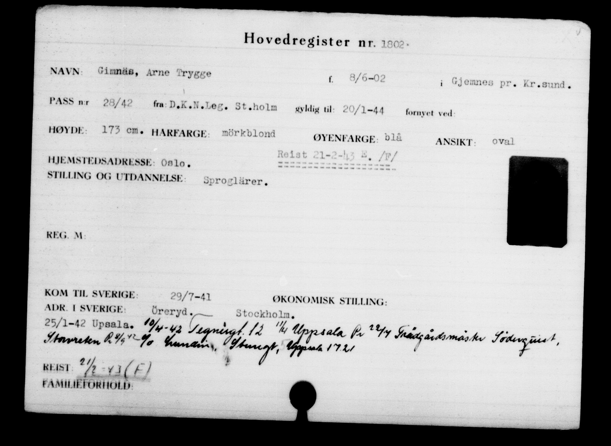 Den Kgl. Norske Legasjons Flyktningskontor, AV/RA-S-6753/V/Va/L0002: Kjesäterkartoteket.  Flyktningenr. 1001-2000, 1940-1945, p. 1144