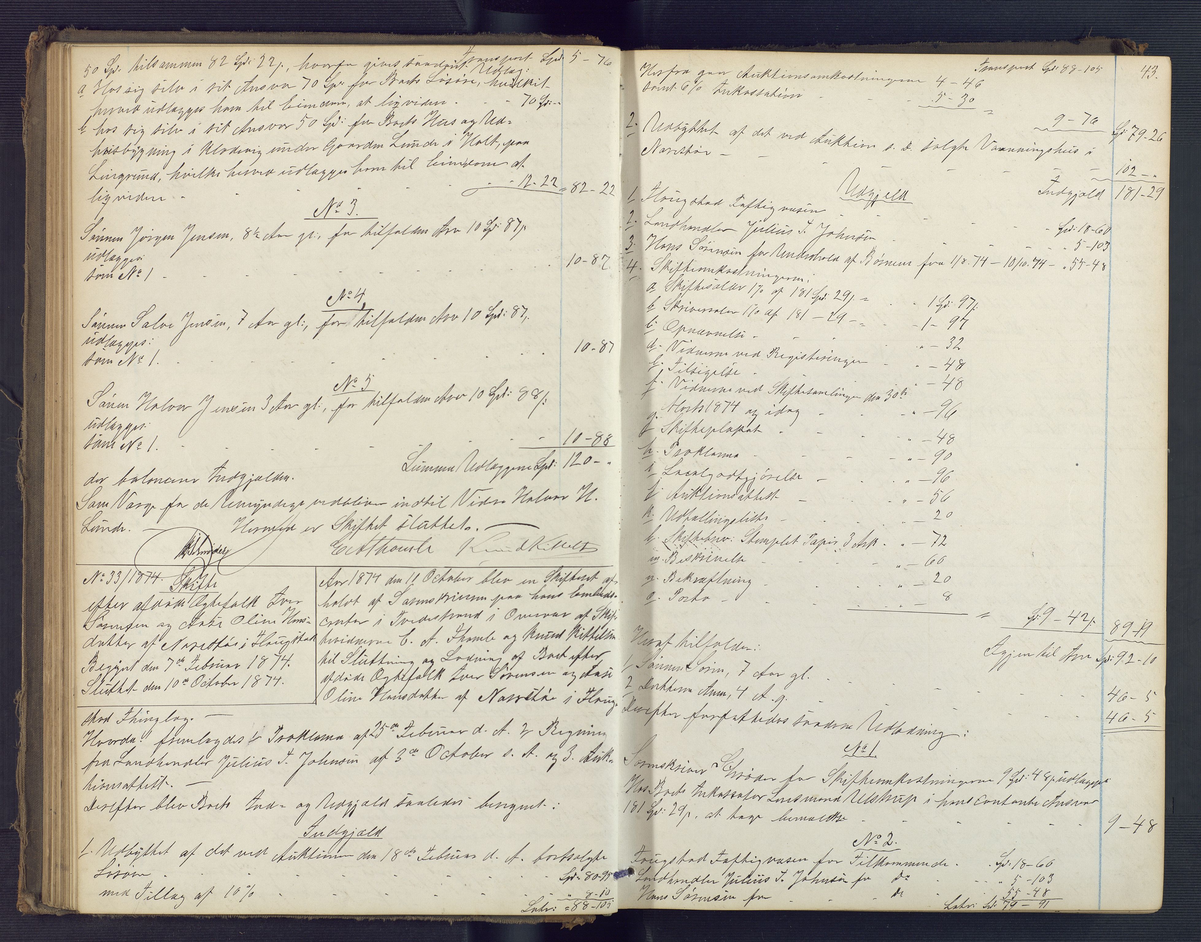 Holt sorenskriveri, AV/SAK-1221-0002/H/Hc/L0032: Skifteutlodningsprotokoll nr. 7, 1874-1879, p. 42b-43a