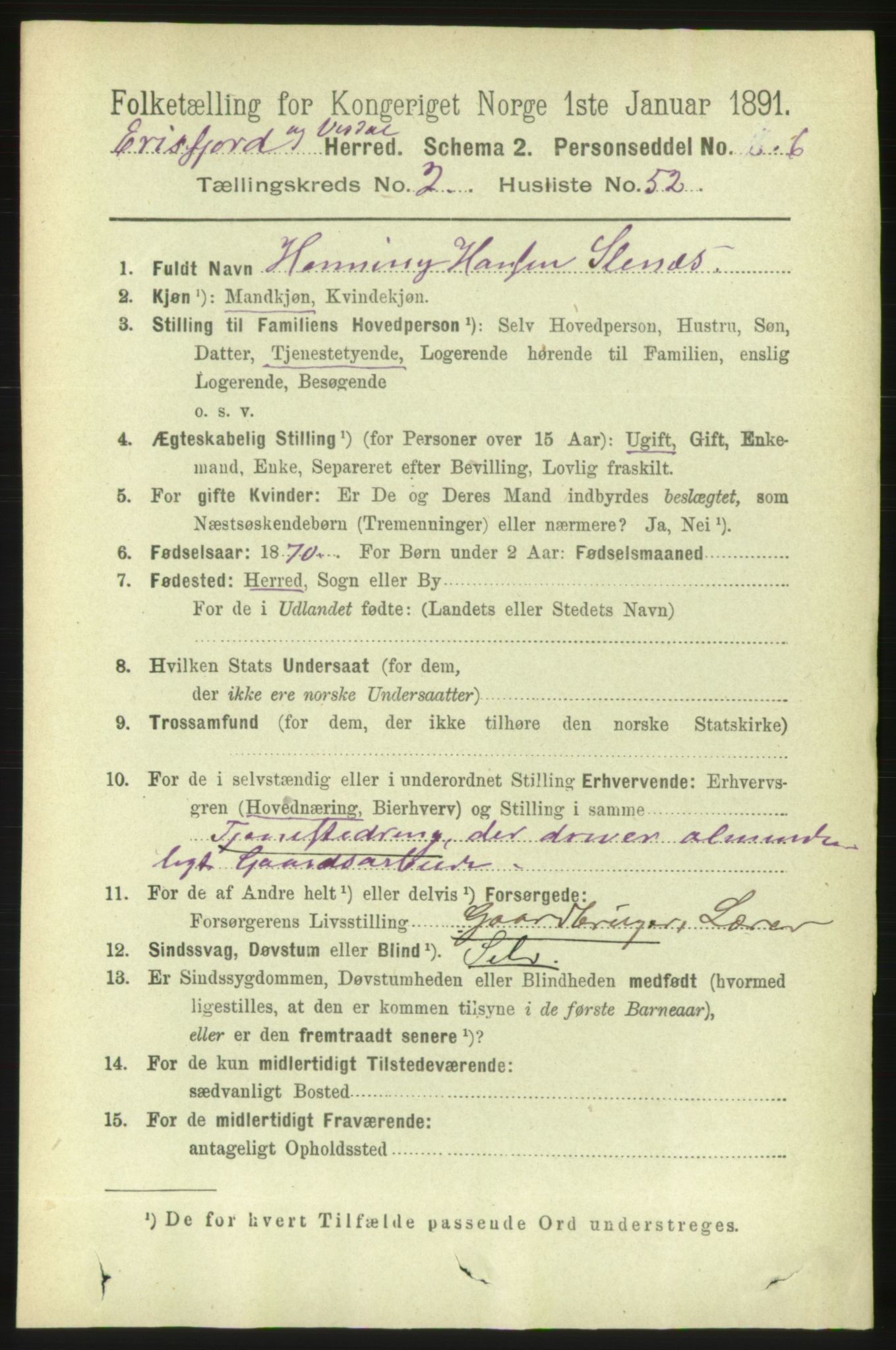 RA, 1891 census for 1542 Eresfjord og Vistdal, 1891, p. 591