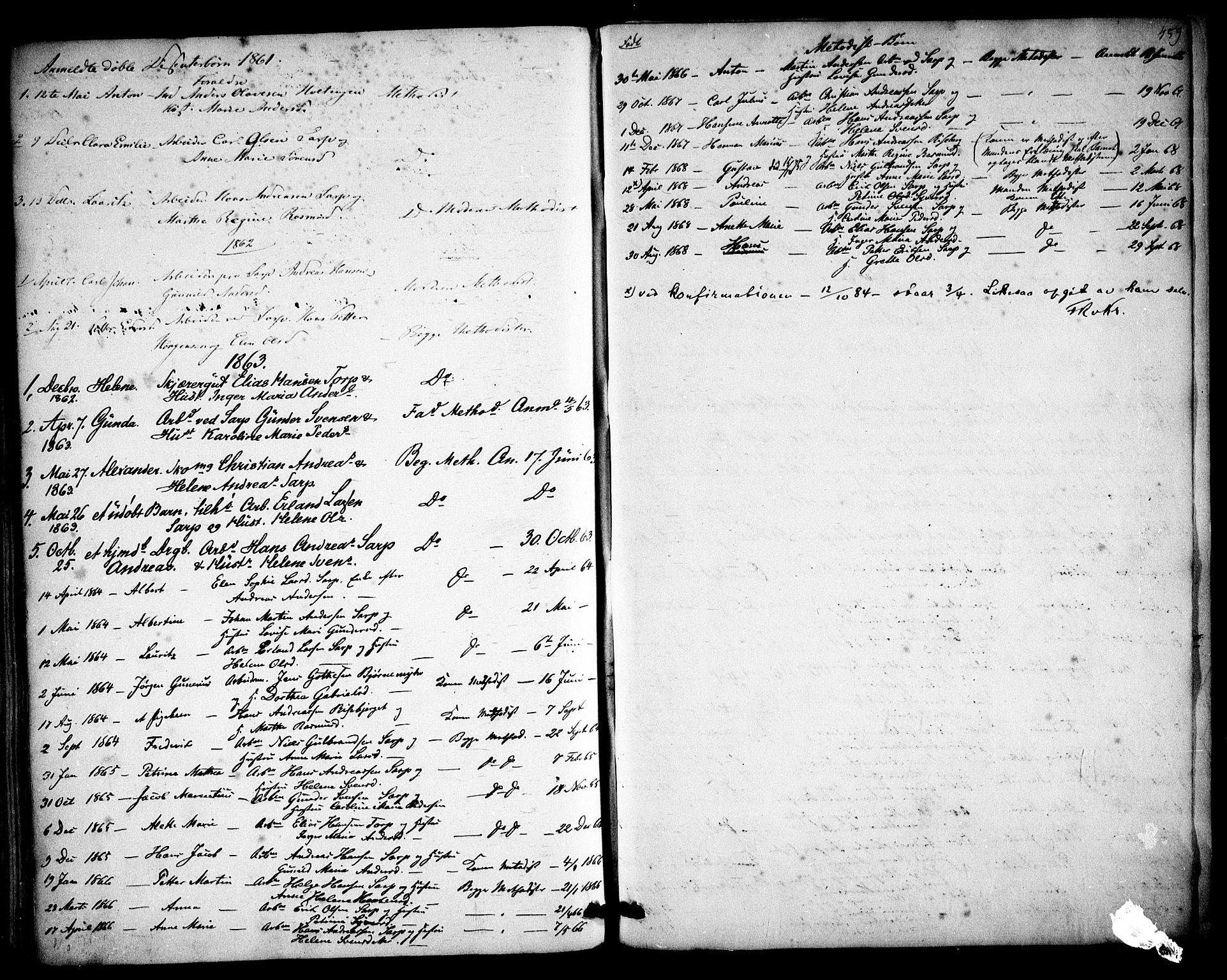 Skjeberg prestekontor Kirkebøker, SAO/A-10923/F/Fa/L0007: Parish register (official) no. I 7, 1859-1868, p. 459