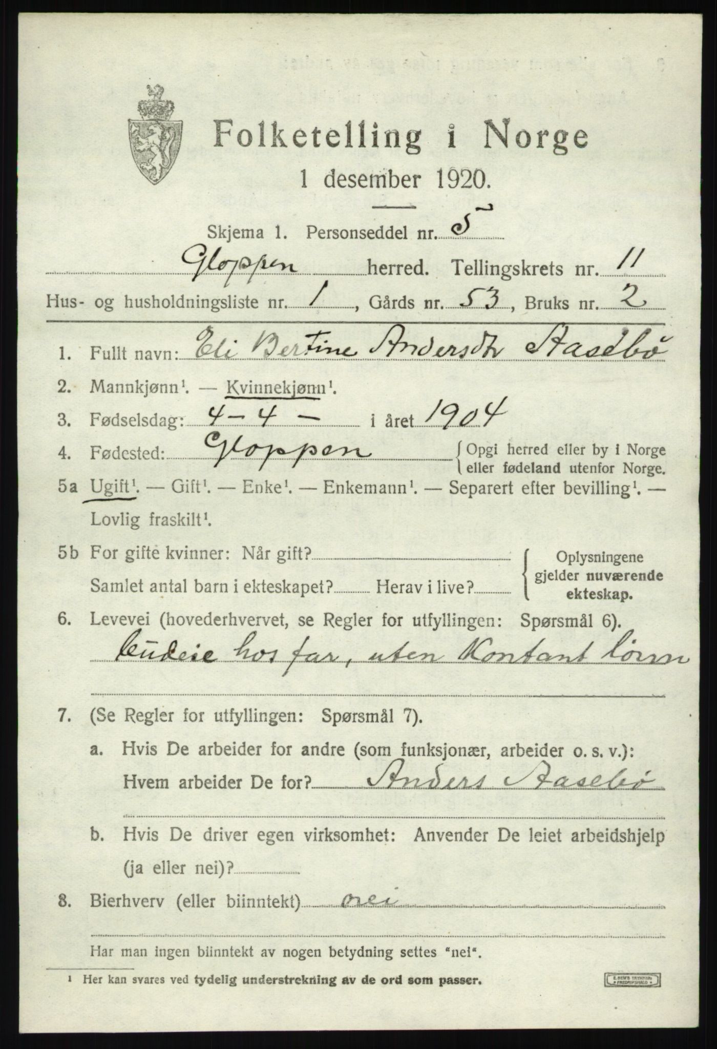 SAB, 1920 census for Gloppen, 1920, p. 5482