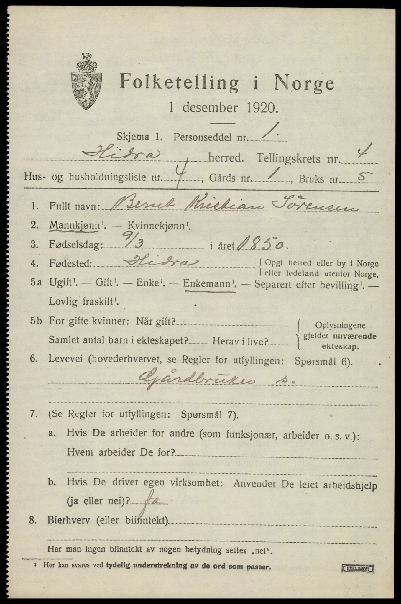 SAK, 1920 census for Hidra, 1920, p. 2112
