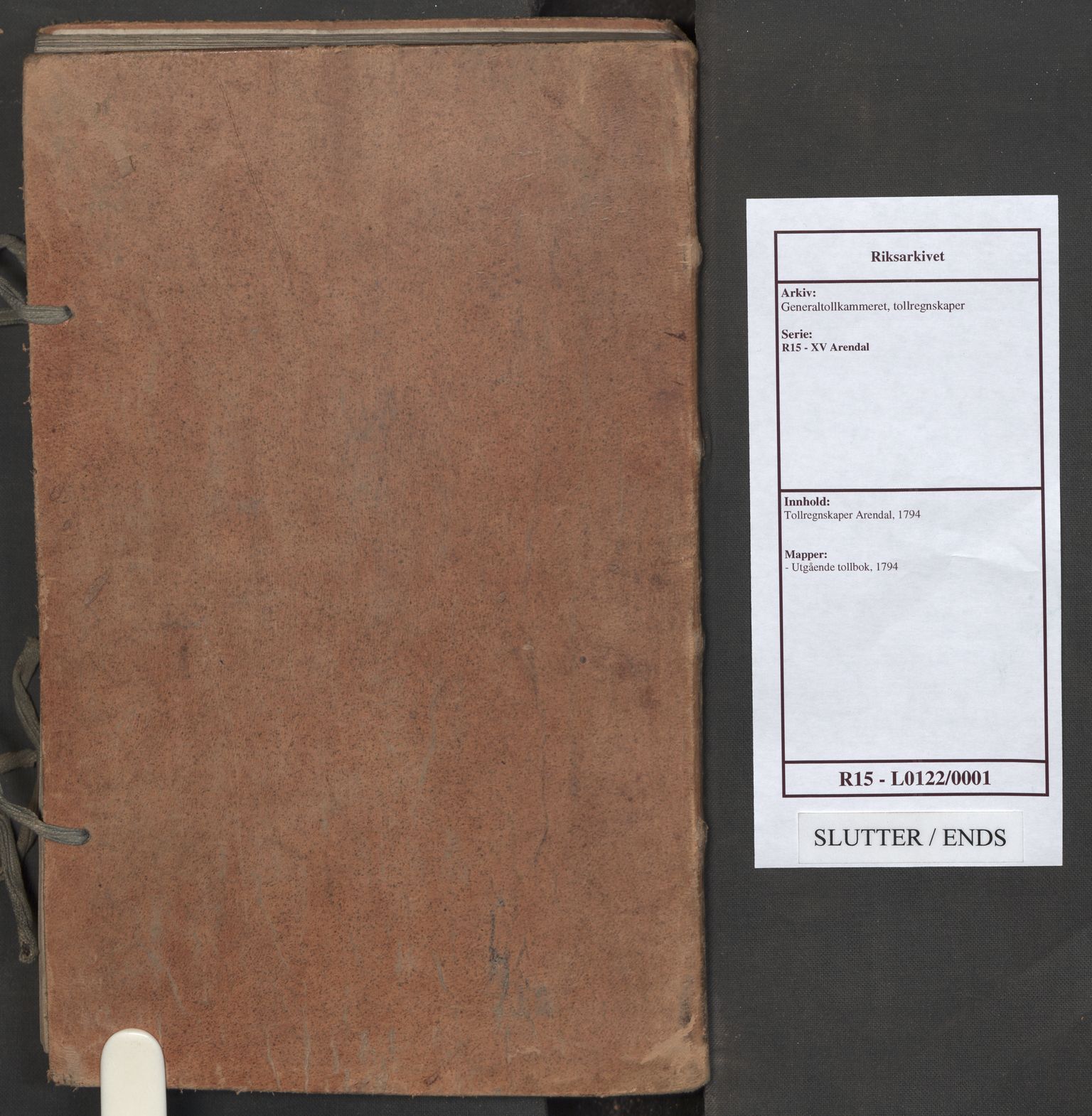 Generaltollkammeret, tollregnskaper, RA/EA-5490/R15/L0122/0001: Tollregnskaper Arendal / Utgående tollbok, 1794