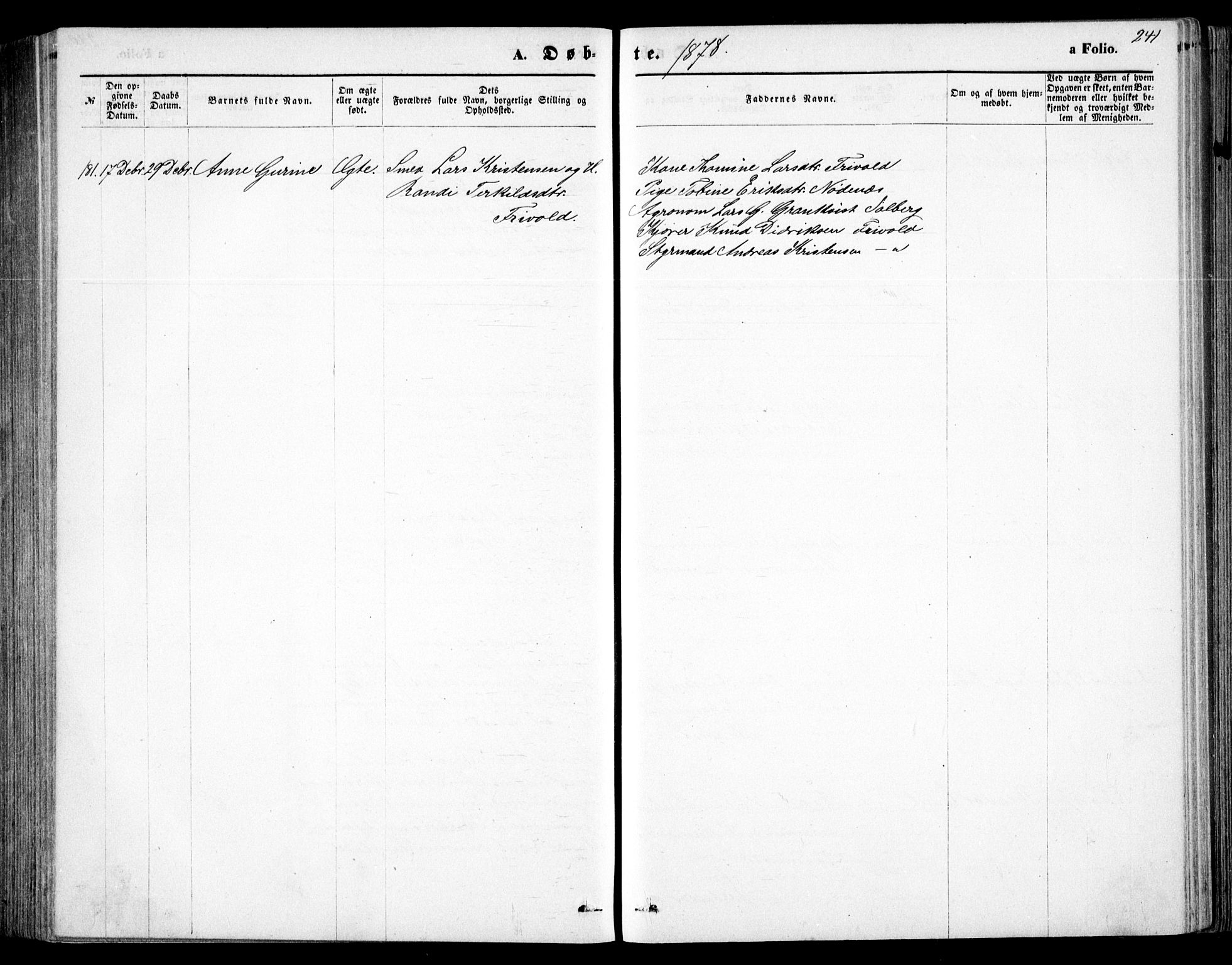 Fjære sokneprestkontor, AV/SAK-1111-0011/F/Fb/L0010: Parish register (copy) no. B 10, 1871-1880, p. 241