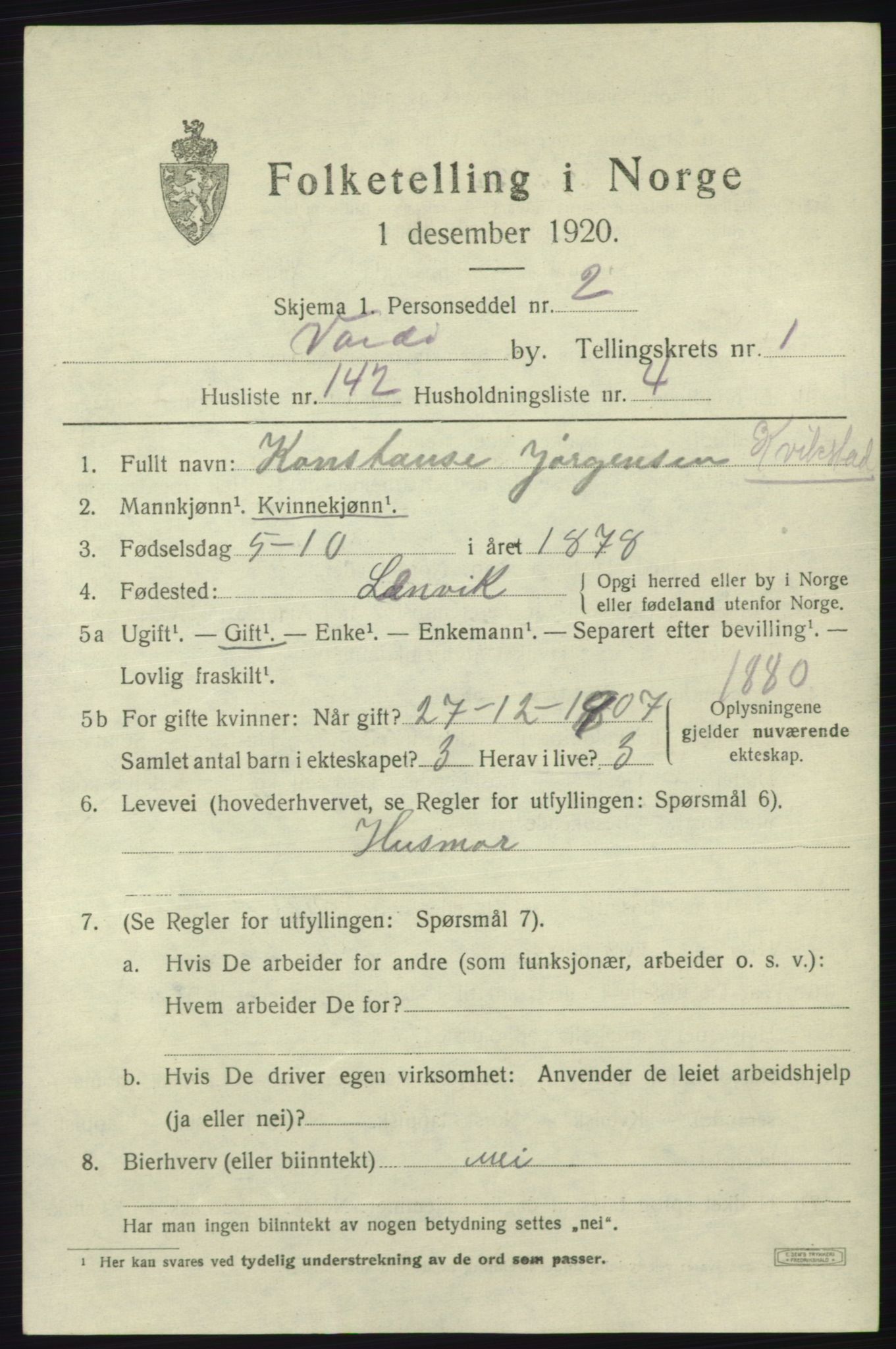 SATØ, 1920 census for Vardø, 1920, p. 4934