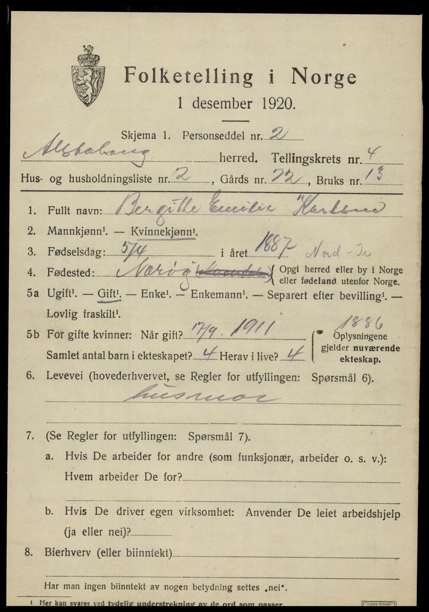 SAT, 1920 census for Alstahaug, 1920, p. 1907