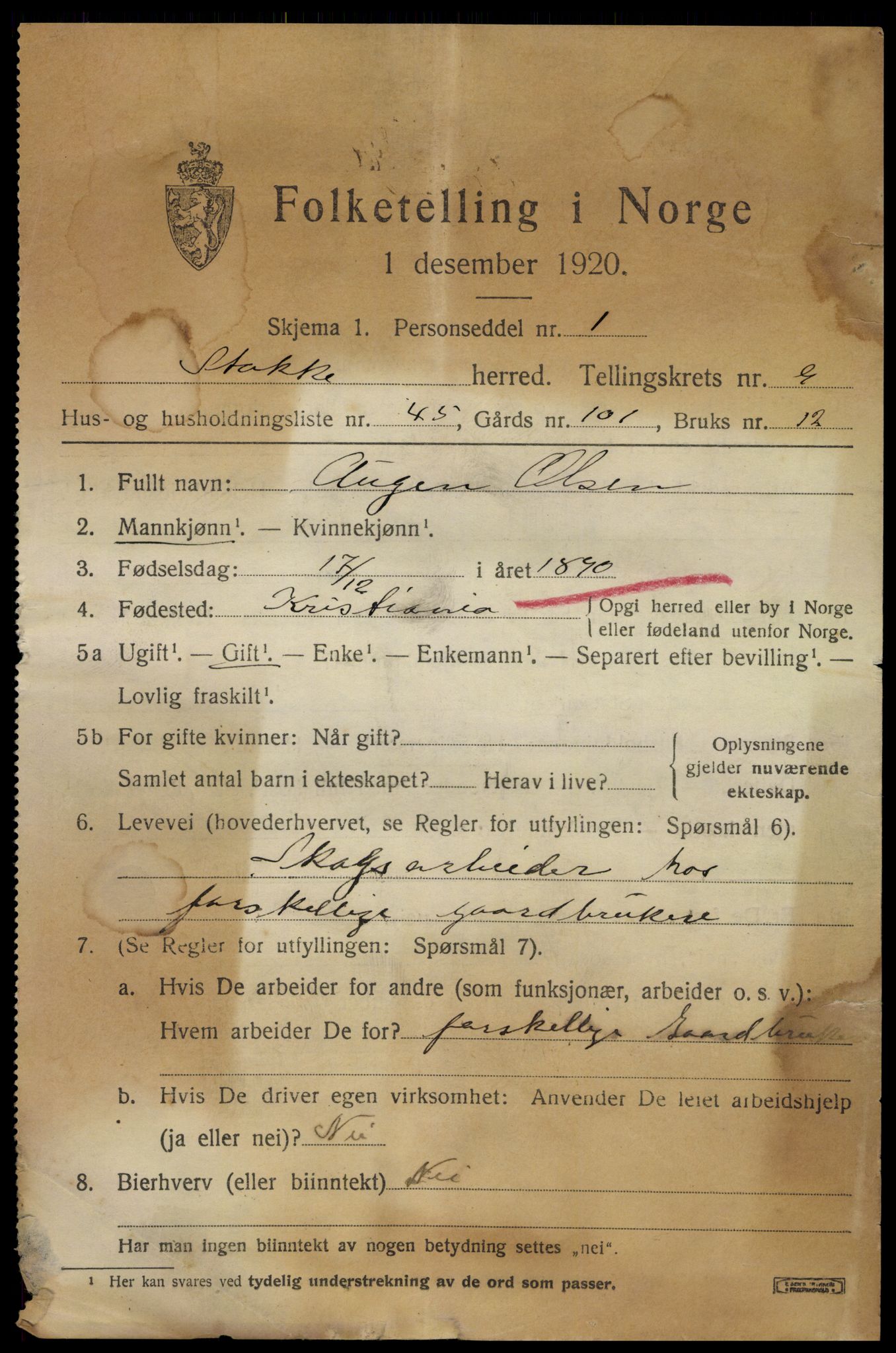 SAKO, 1920 census for Stokke, 1920, p. 10906