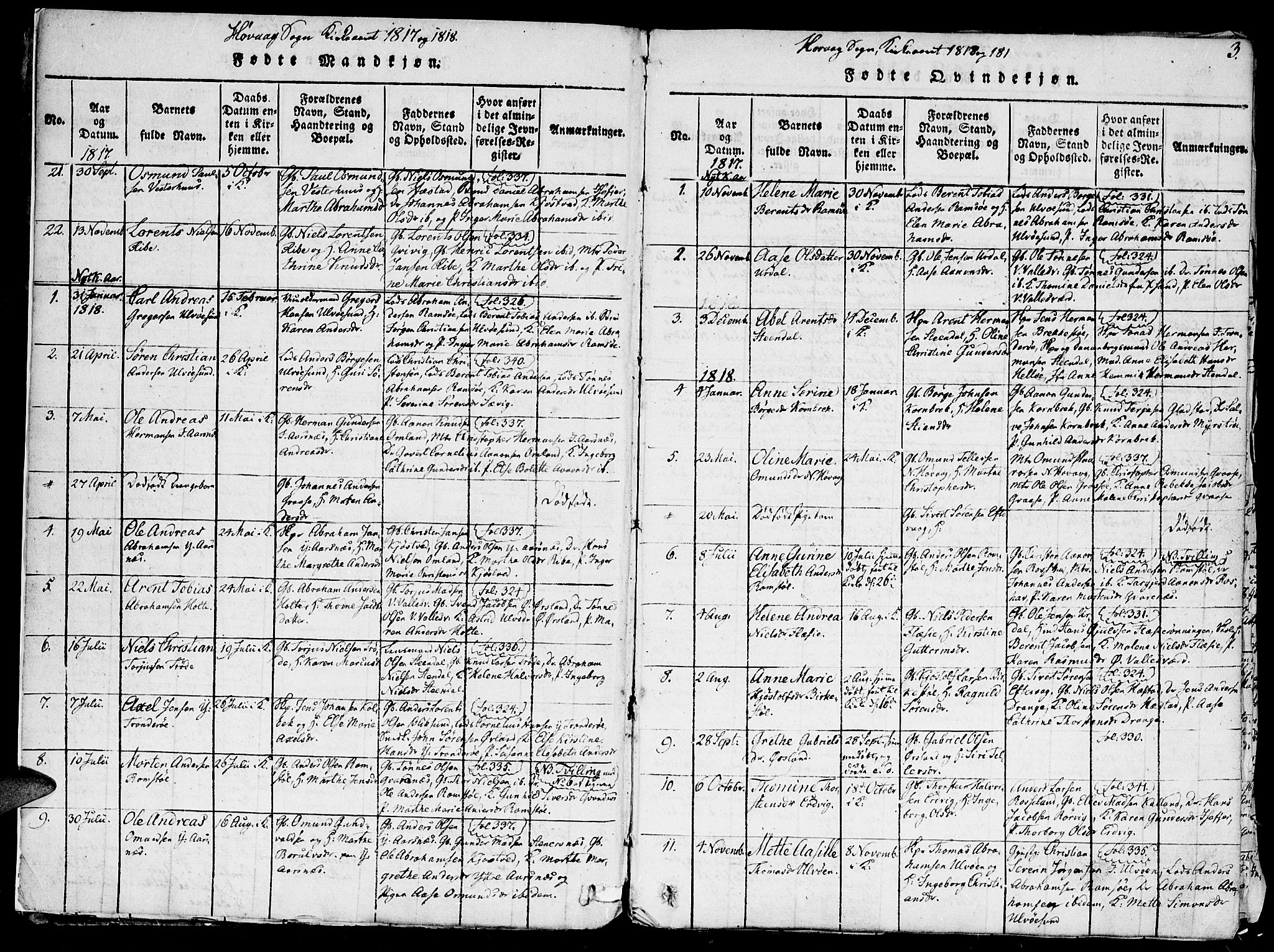 Høvåg sokneprestkontor, SAK/1111-0025/F/Fa/L0001: Parish register (official) no. A 1, 1816-1843, p. 3