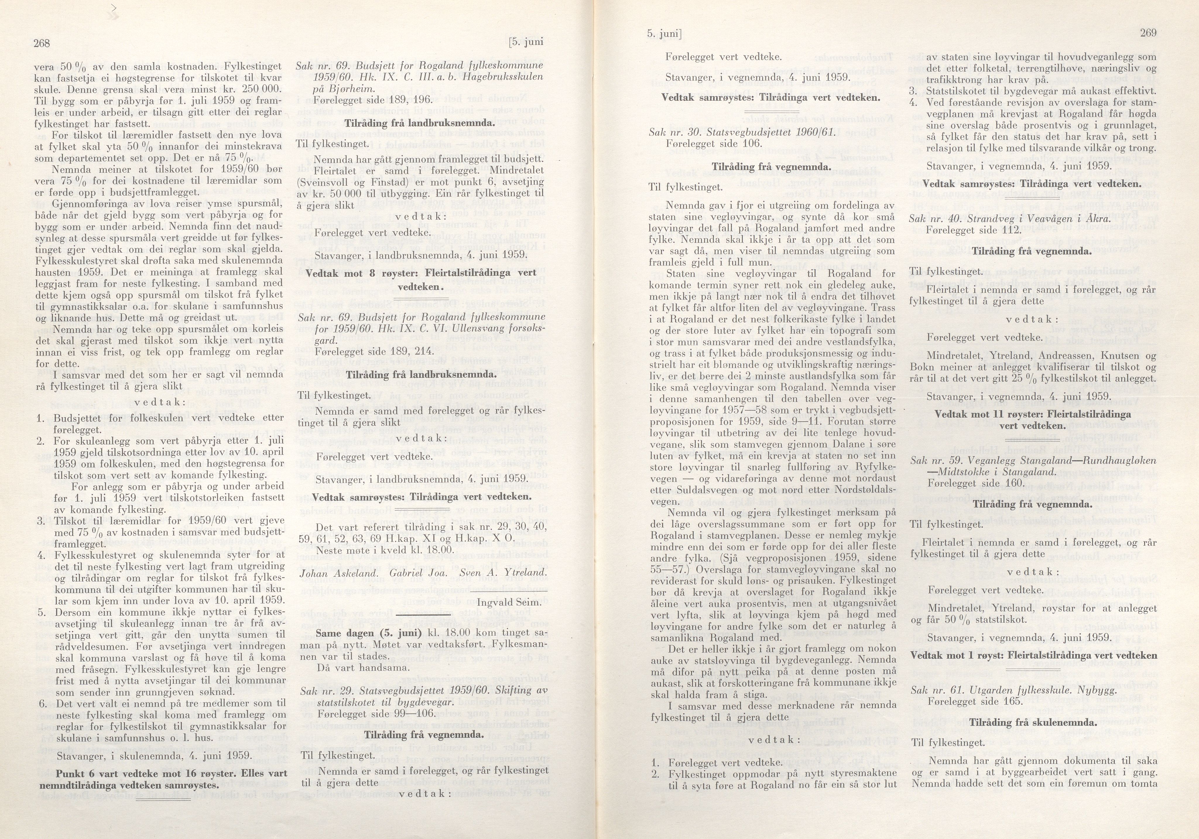 Rogaland fylkeskommune - Fylkesrådmannen , IKAR/A-900/A/Aa/Aaa/L0078: Møtebok , 1959, p. 268-269