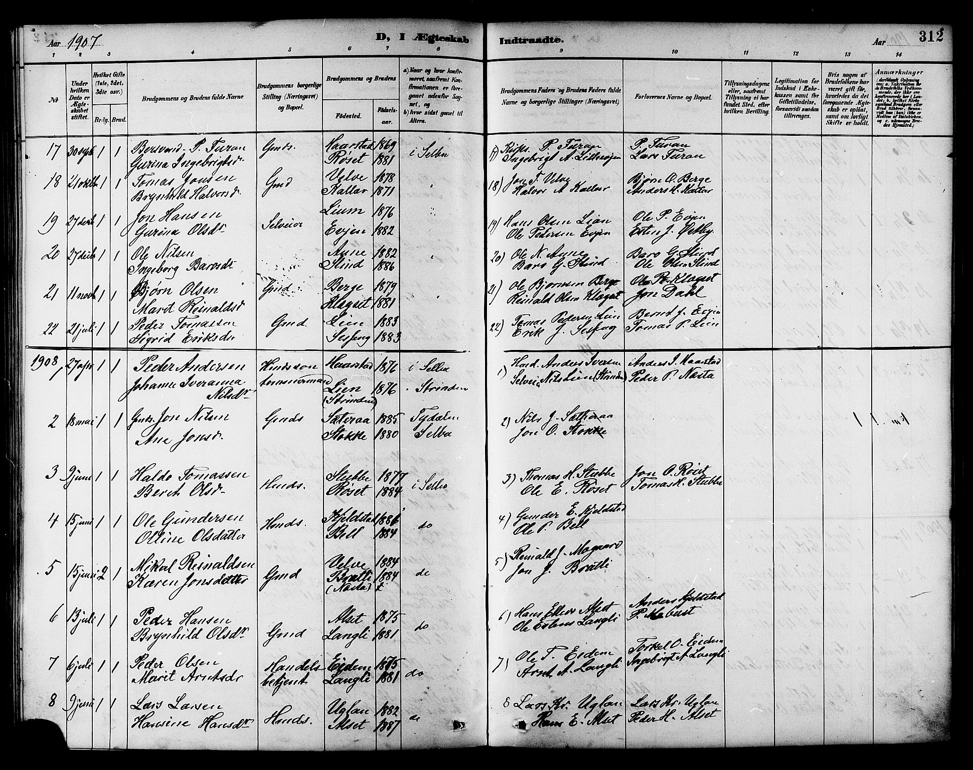 Ministerialprotokoller, klokkerbøker og fødselsregistre - Sør-Trøndelag, SAT/A-1456/695/L1157: Parish register (copy) no. 695C08, 1889-1913, p. 312