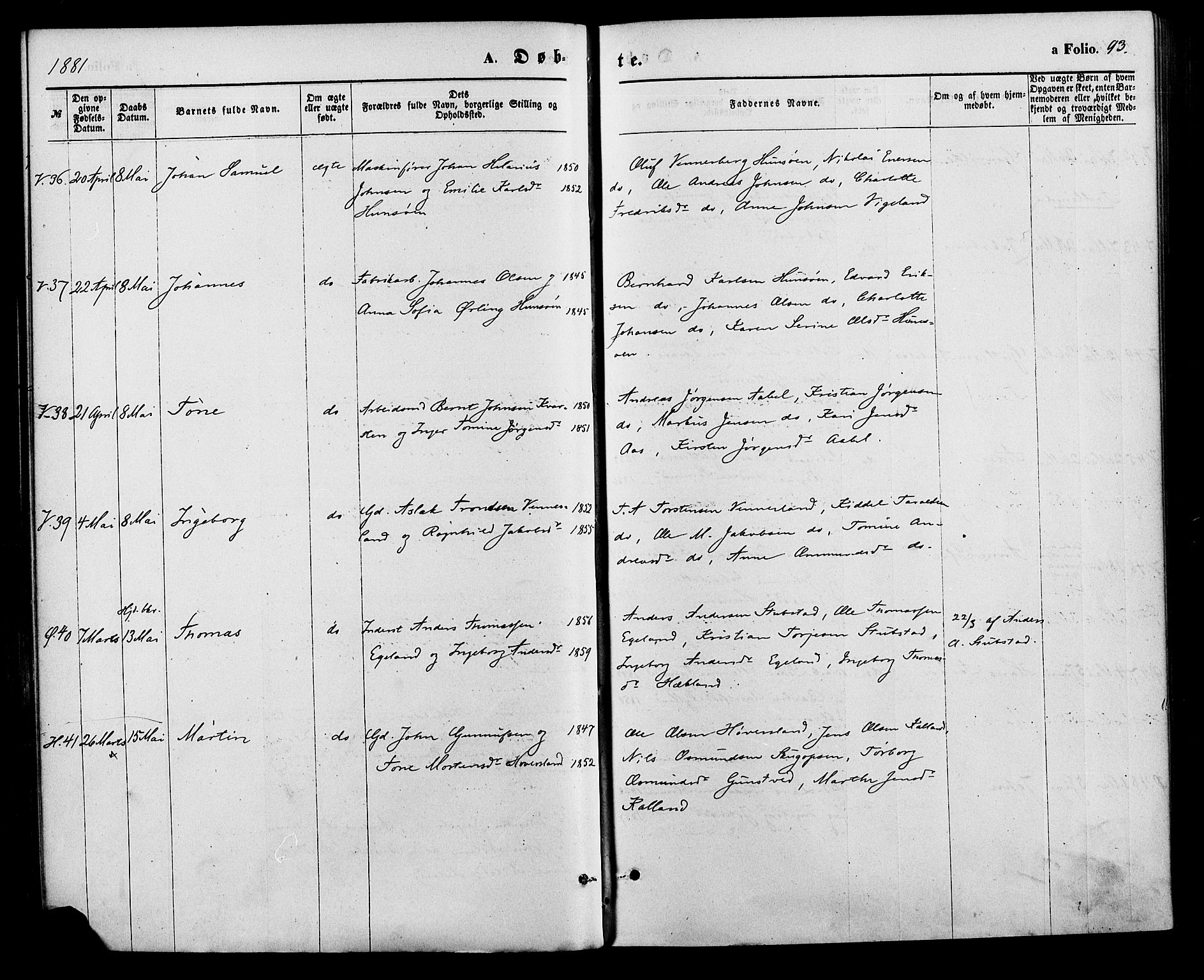 Vennesla sokneprestkontor, AV/SAK-1111-0045/Fa/Fac/L0008: Parish register (official) no. A 8, 1874-1883, p. 93