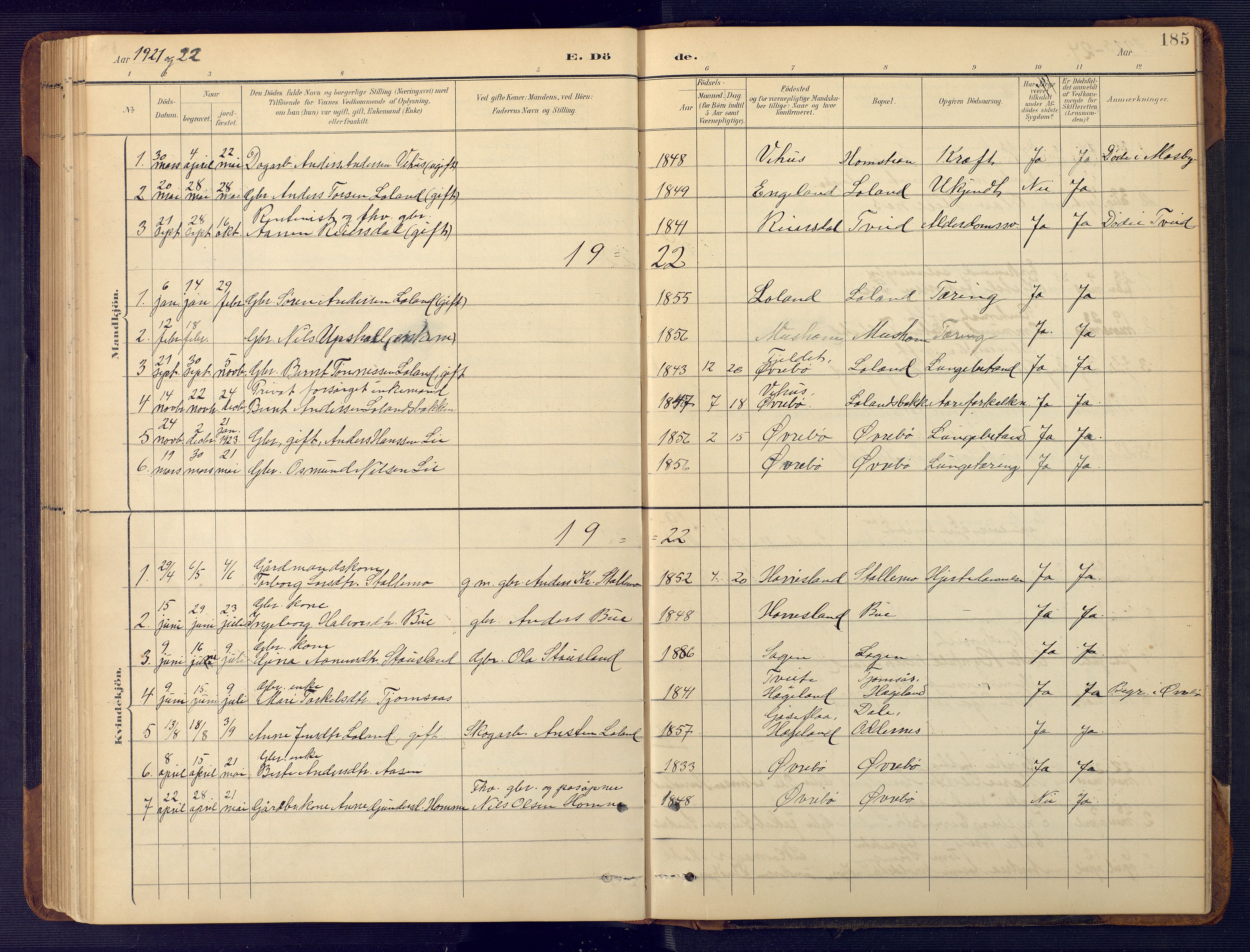 Vennesla sokneprestkontor, SAK/1111-0045/Fb/Fbc/L0003: Parish register (copy) no. B 3, 1895-1946, p. 185
