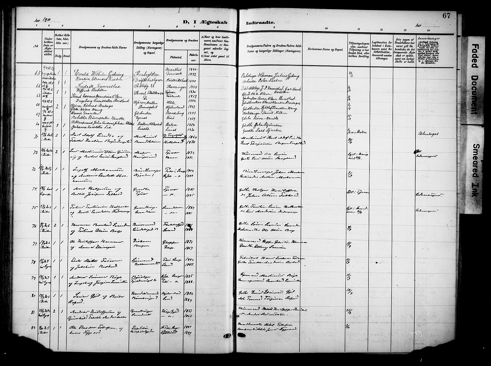 Domkirken sokneprestkontor, AV/SAST-A-101812/001/30/30BB/L0017: Parish register (copy) no. B 17, 1902-1921, p. 67