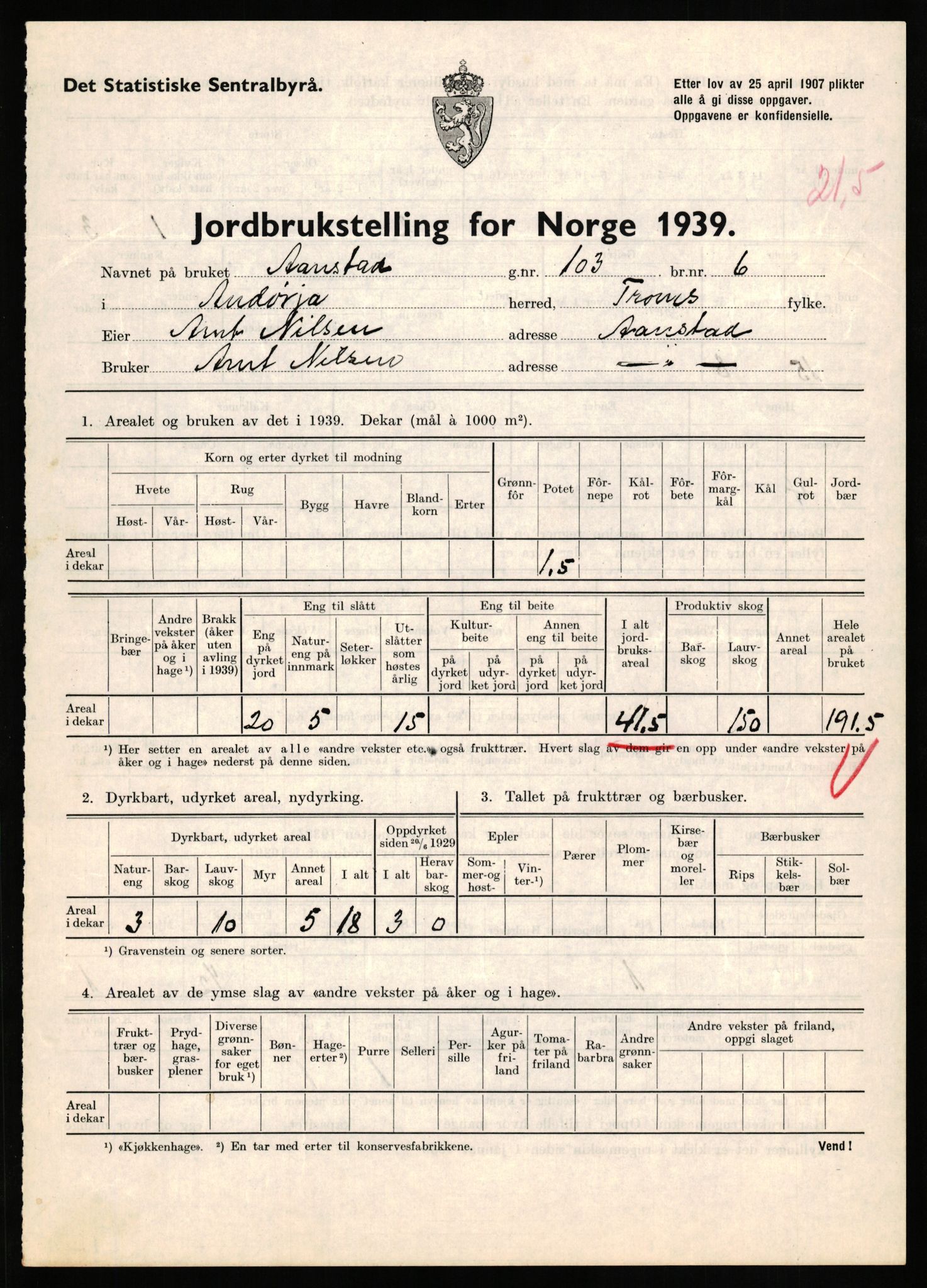 Statistisk sentralbyrå, Næringsøkonomiske emner, Jordbruk, skogbruk, jakt, fiske og fangst, AV/RA-S-2234/G/Gb/L0339: Troms: Andørja, Astafjord og Lavangen, 1939, p. 776