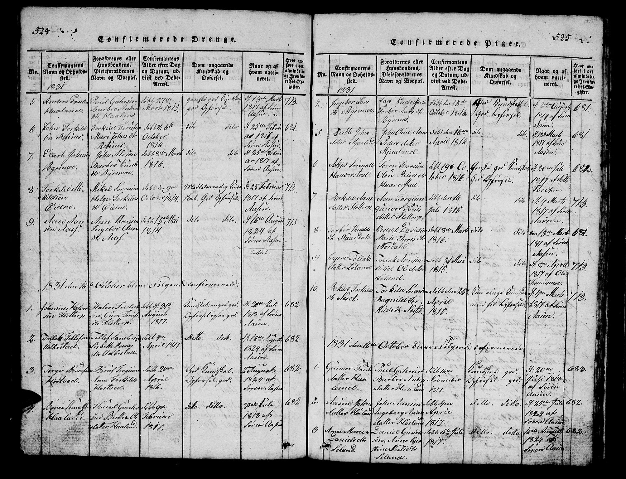 Bjelland sokneprestkontor, SAK/1111-0005/F/Fb/Fbc/L0001: Parish register (copy) no. B 1, 1815-1870, p. 524-525