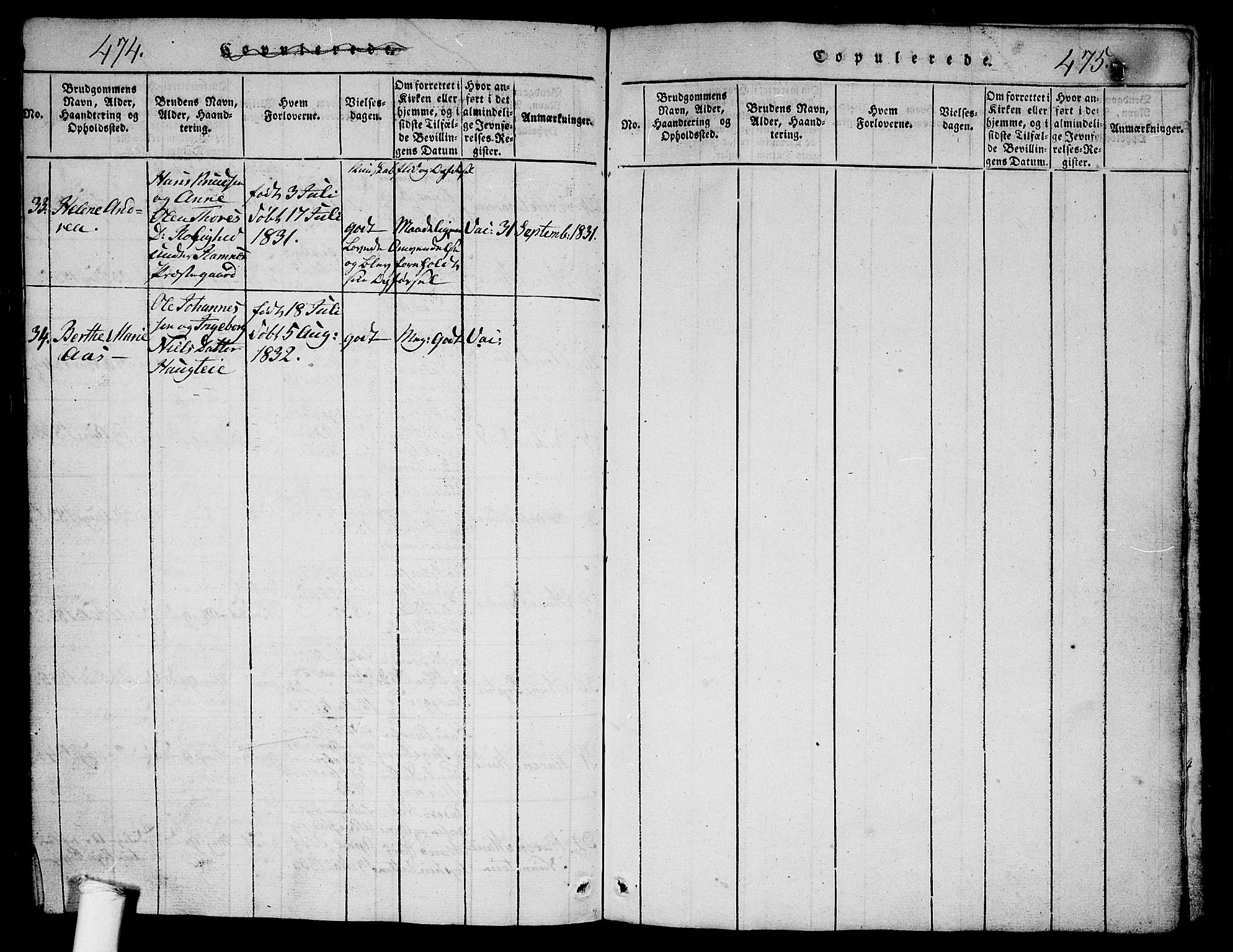 Ramnes kirkebøker, SAKO/A-314/G/Ga/L0001: Parish register (copy) no. I 1, 1813-1847, p. 474-475