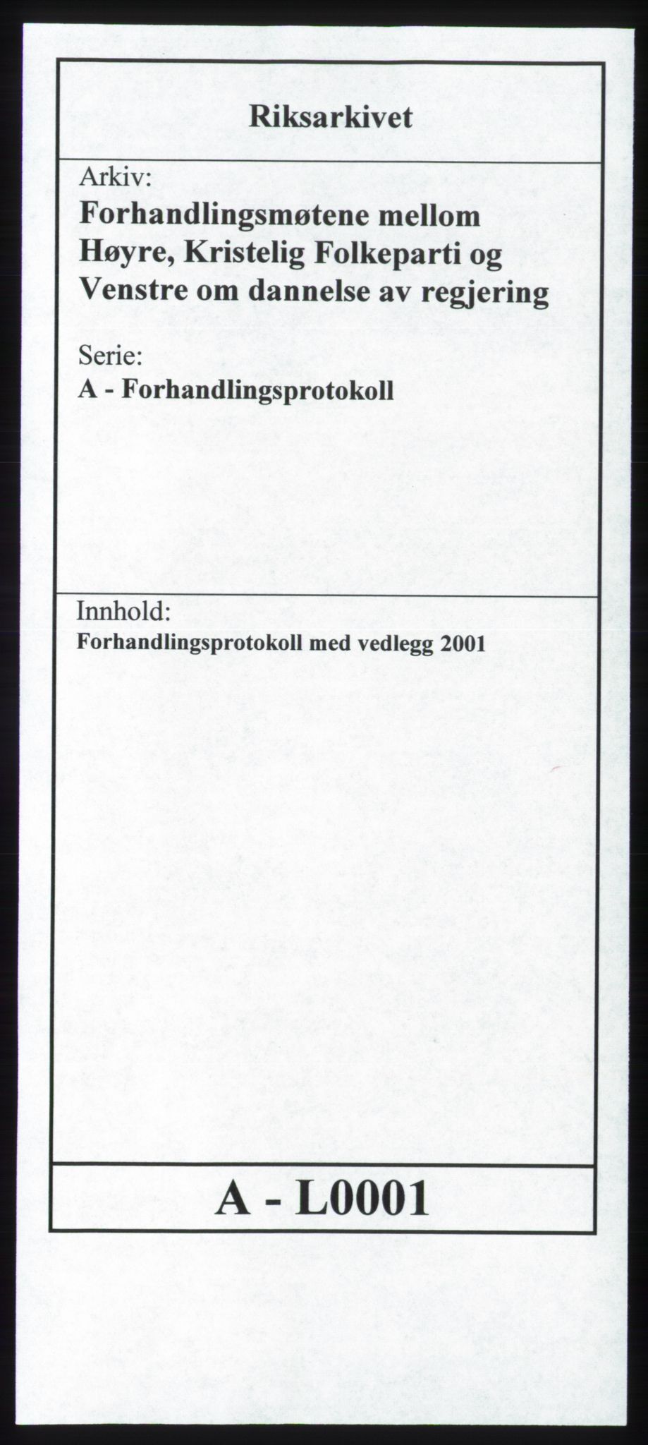 Forhandlingsmøtene 2001 mellom Høyre, Kristelig Folkeparti og Venstre om dannelse av regjering, AV/RA-PA-1395/A/L0001: Forhandlingsprotokoll med vedlegg, 2001, p. 1