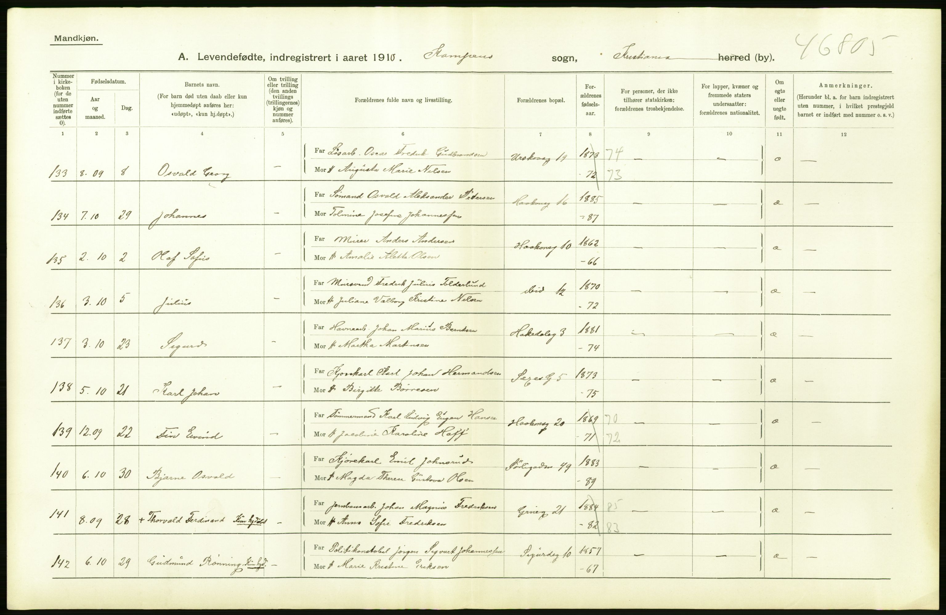 Statistisk sentralbyrå, Sosiodemografiske emner, Befolkning, RA/S-2228/D/Df/Dfa/Dfah/L0006: Kristiania: Levendefødte menn., 1910, p. 330