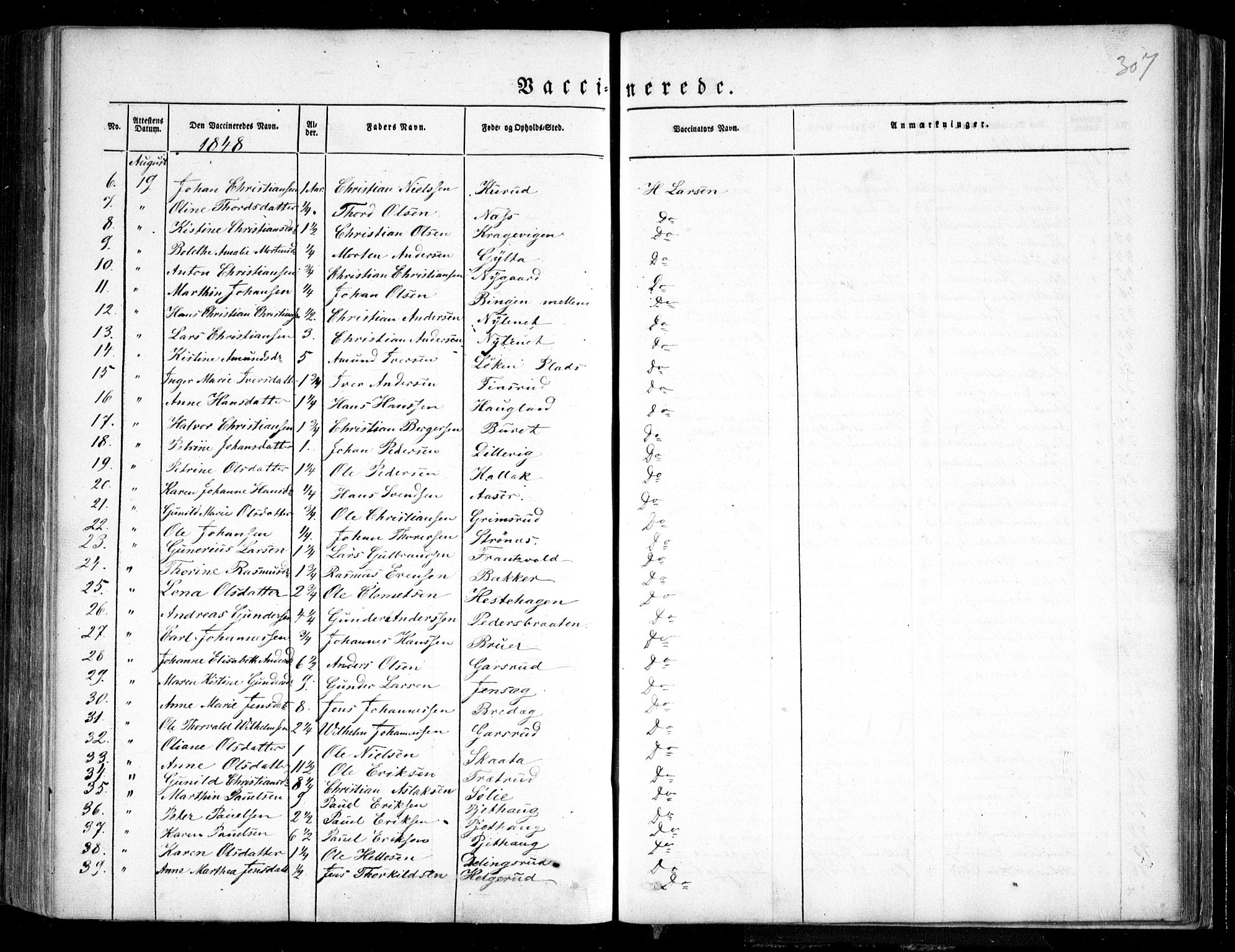 Trøgstad prestekontor Kirkebøker, AV/SAO-A-10925/F/Fa/L0007: Parish register (official) no. I 7, 1845-1854, p. 307