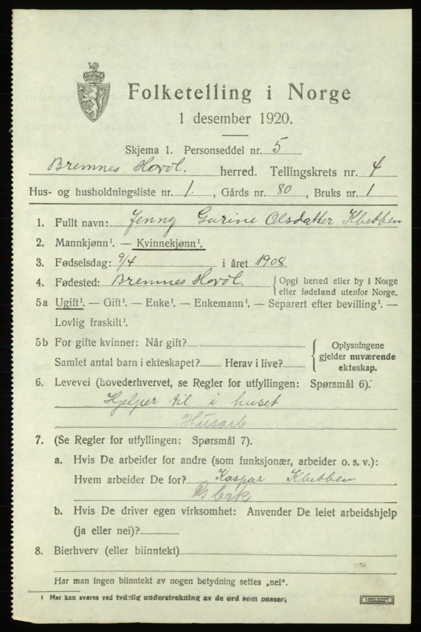 SAB, 1920 census for Bremnes, 1920, p. 1814