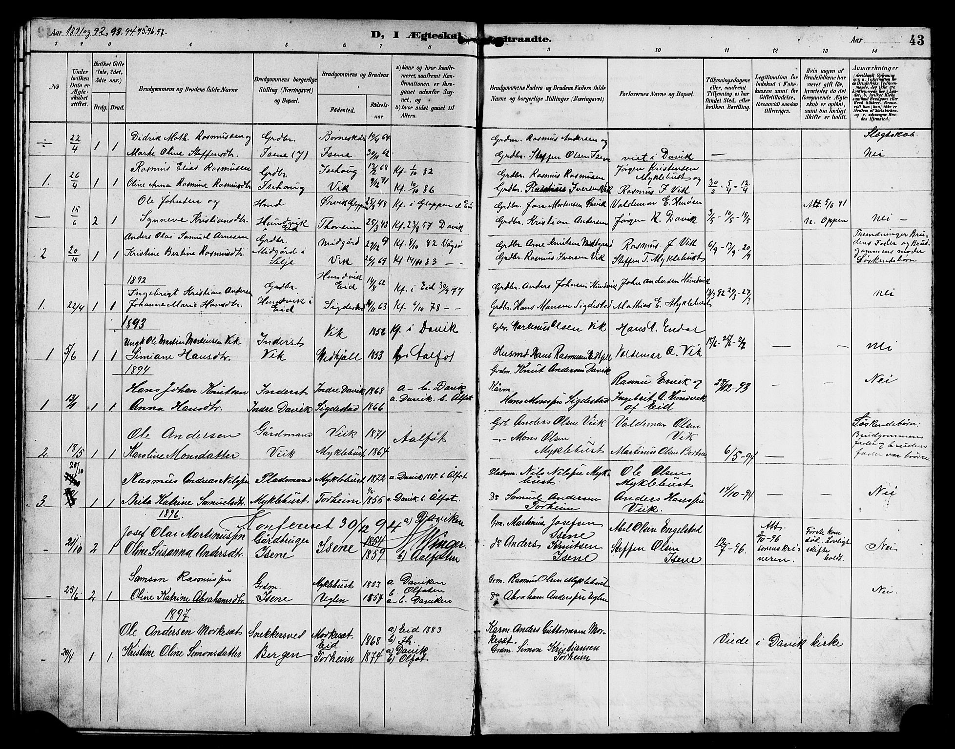 Davik sokneprestembete, AV/SAB-A-79701/H/Hab/Habd/L0002: Parish register (copy) no. D 2, 1890-1919, p. 43