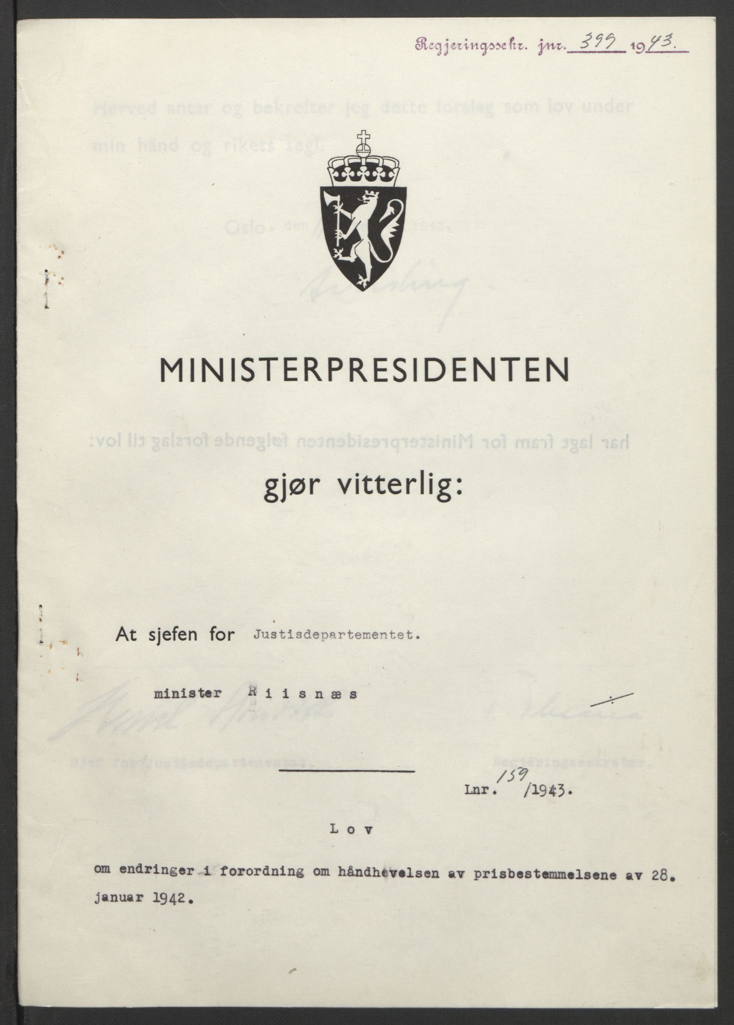 NS-administrasjonen 1940-1945 (Statsrådsekretariatet, de kommisariske statsråder mm), RA/S-4279/D/Db/L0099: Lover, 1943, p. 753