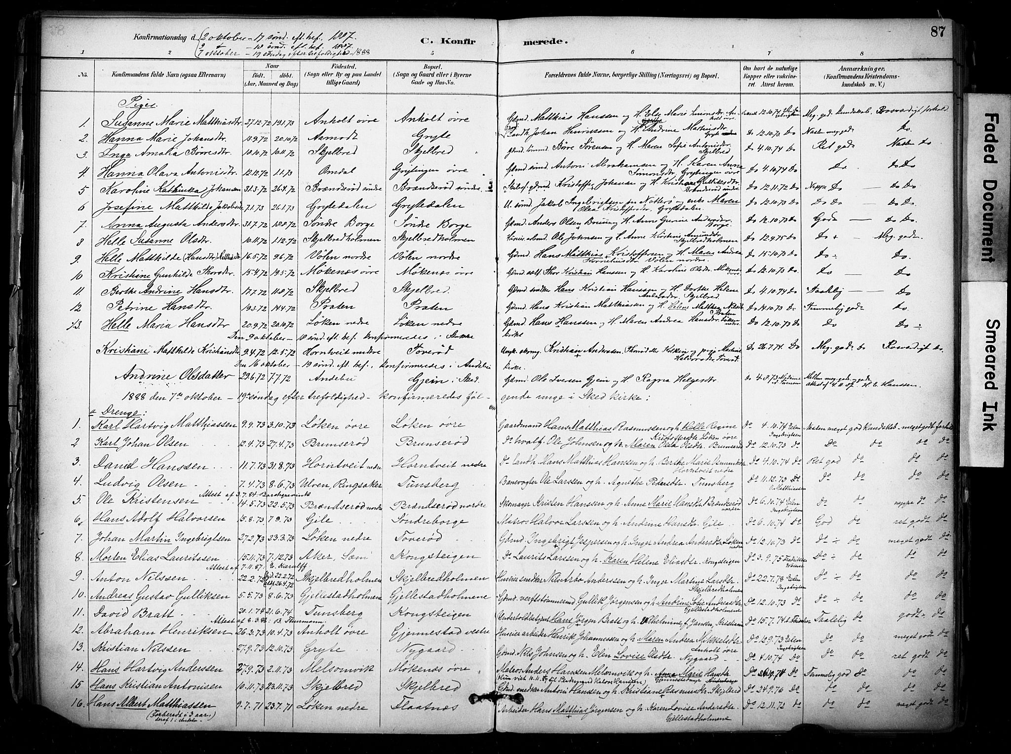 Stokke kirkebøker, AV/SAKO-A-320/F/Fb/L0001: Parish register (official) no. II 1, 1884-1910, p. 87