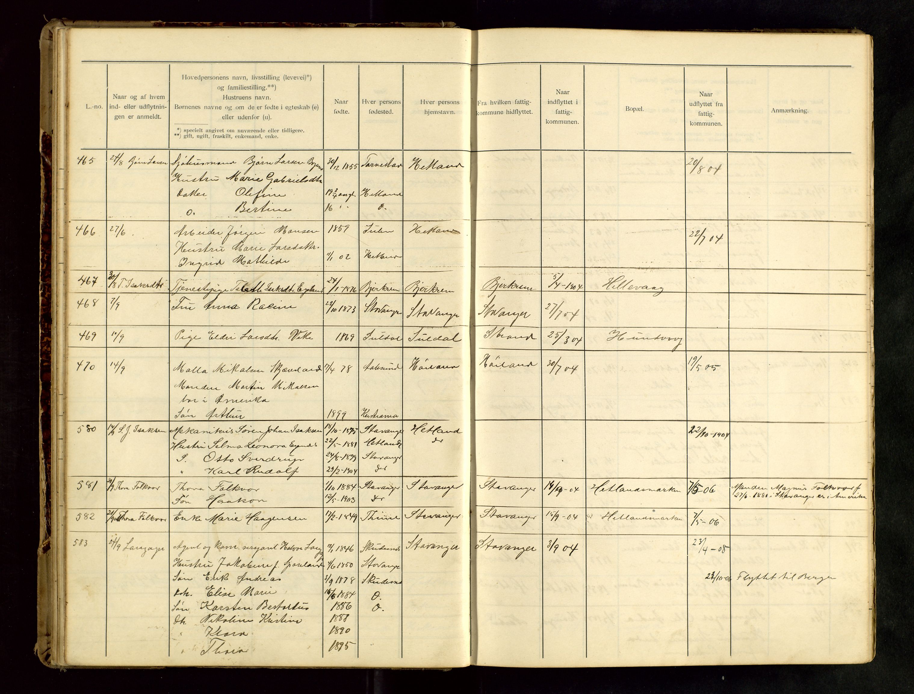 Hetland lensmannskontor, SAST/A-100101/Gwa/L0001: Flytteprotokoll (er delt i to: 1a og 1b), 1901-1918, p. 37