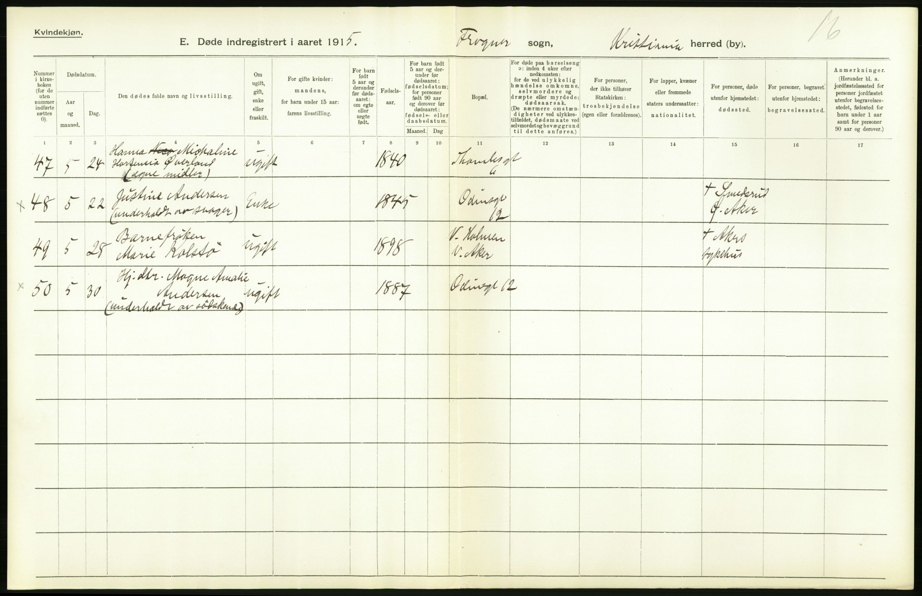 Statistisk sentralbyrå, Sosiodemografiske emner, Befolkning, AV/RA-S-2228/D/Df/Dfb/Dfbe/L0009: Kristiania: Døde., 1915, p. 458