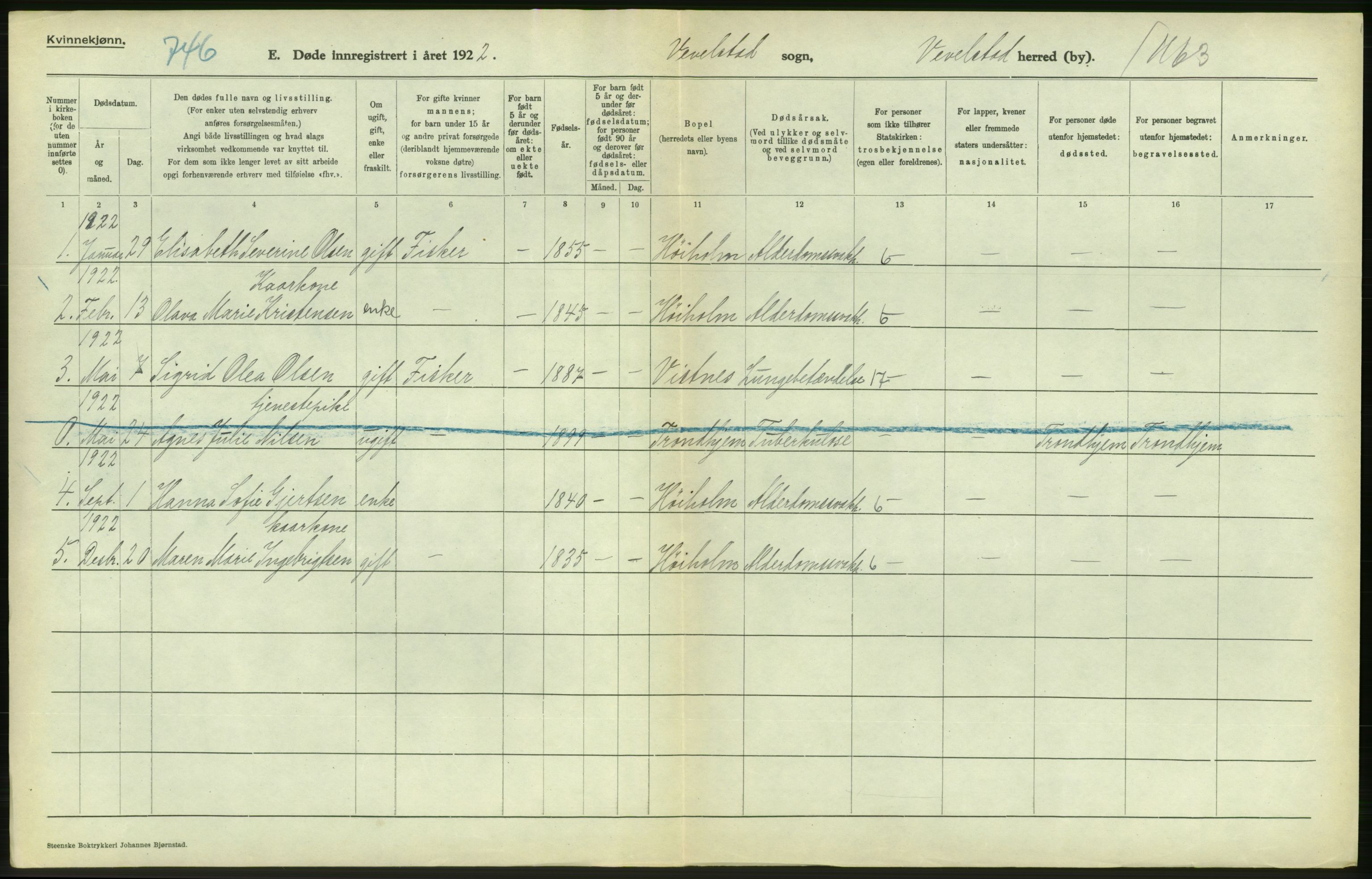 Statistisk sentralbyrå, Sosiodemografiske emner, Befolkning, RA/S-2228/D/Df/Dfc/Dfcb/L0046: Nordland fylke: Døde. Bygder og byer., 1922, p. 340