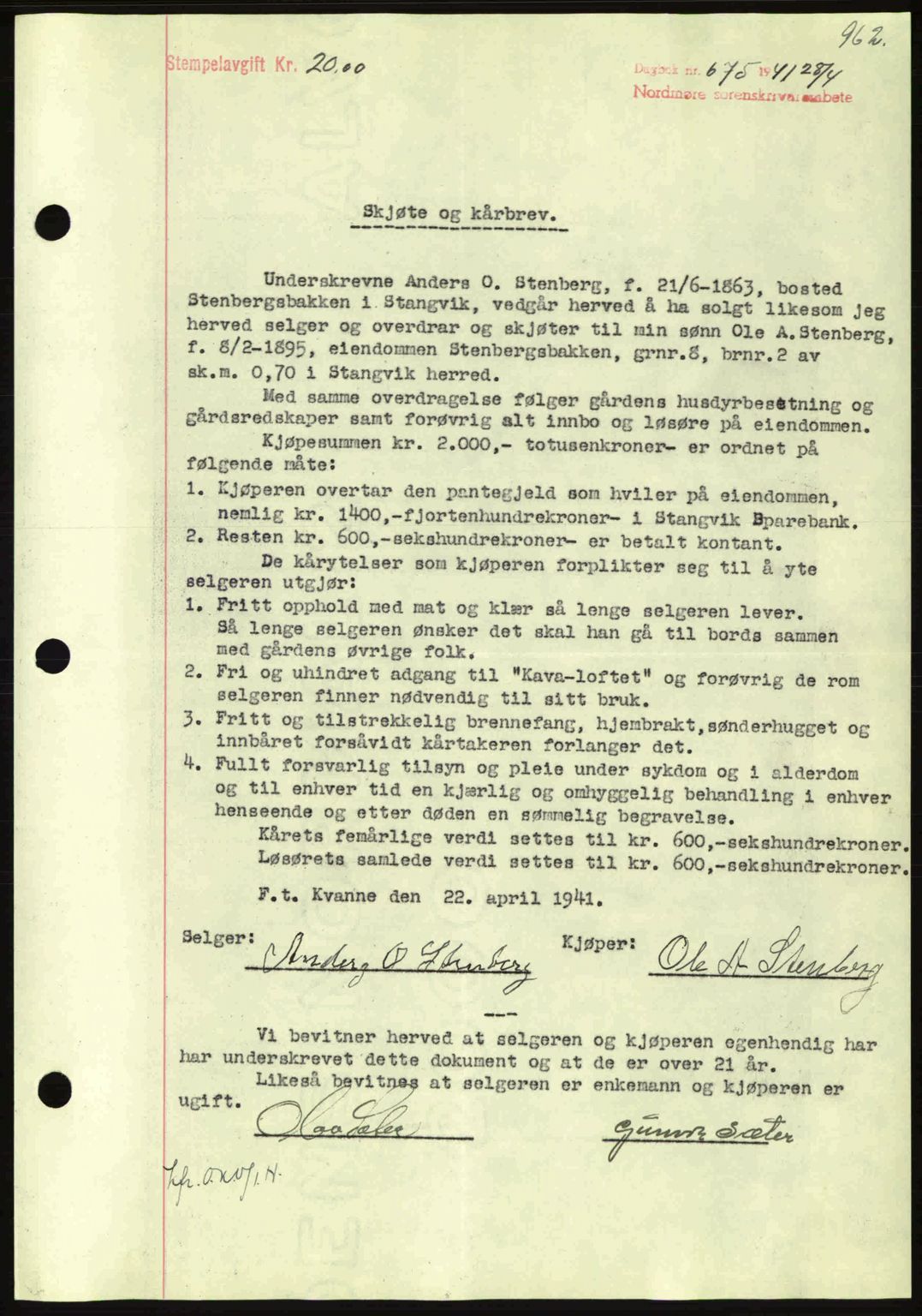 Nordmøre sorenskriveri, SAT/A-4132/1/2/2Ca: Mortgage book no. A89, 1940-1941, Diary no: : 675/1941