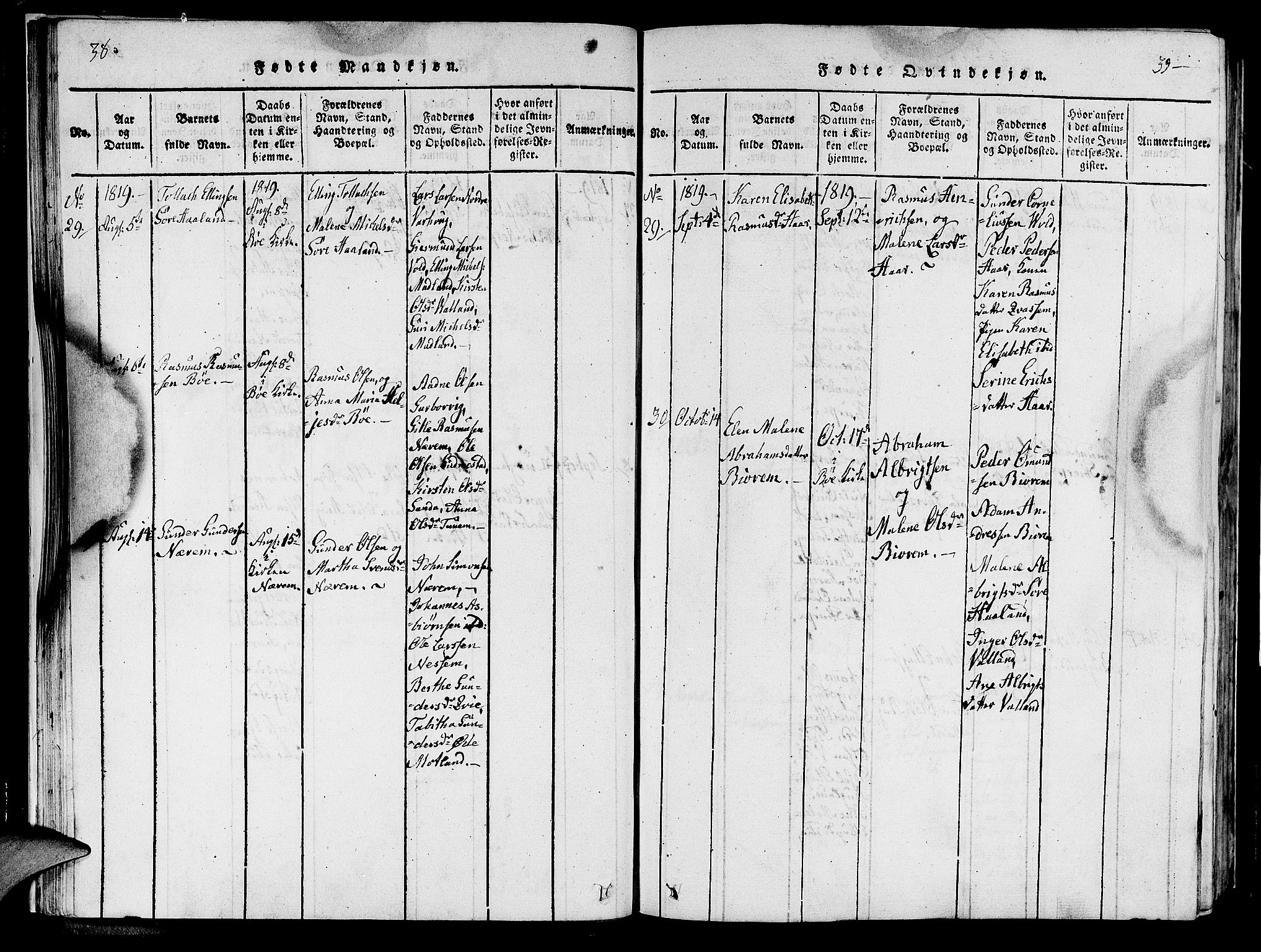 Hå sokneprestkontor, AV/SAST-A-101801/001/30BA/L0003: Parish register (official) no. A 3, 1815-1825, p. 38-39