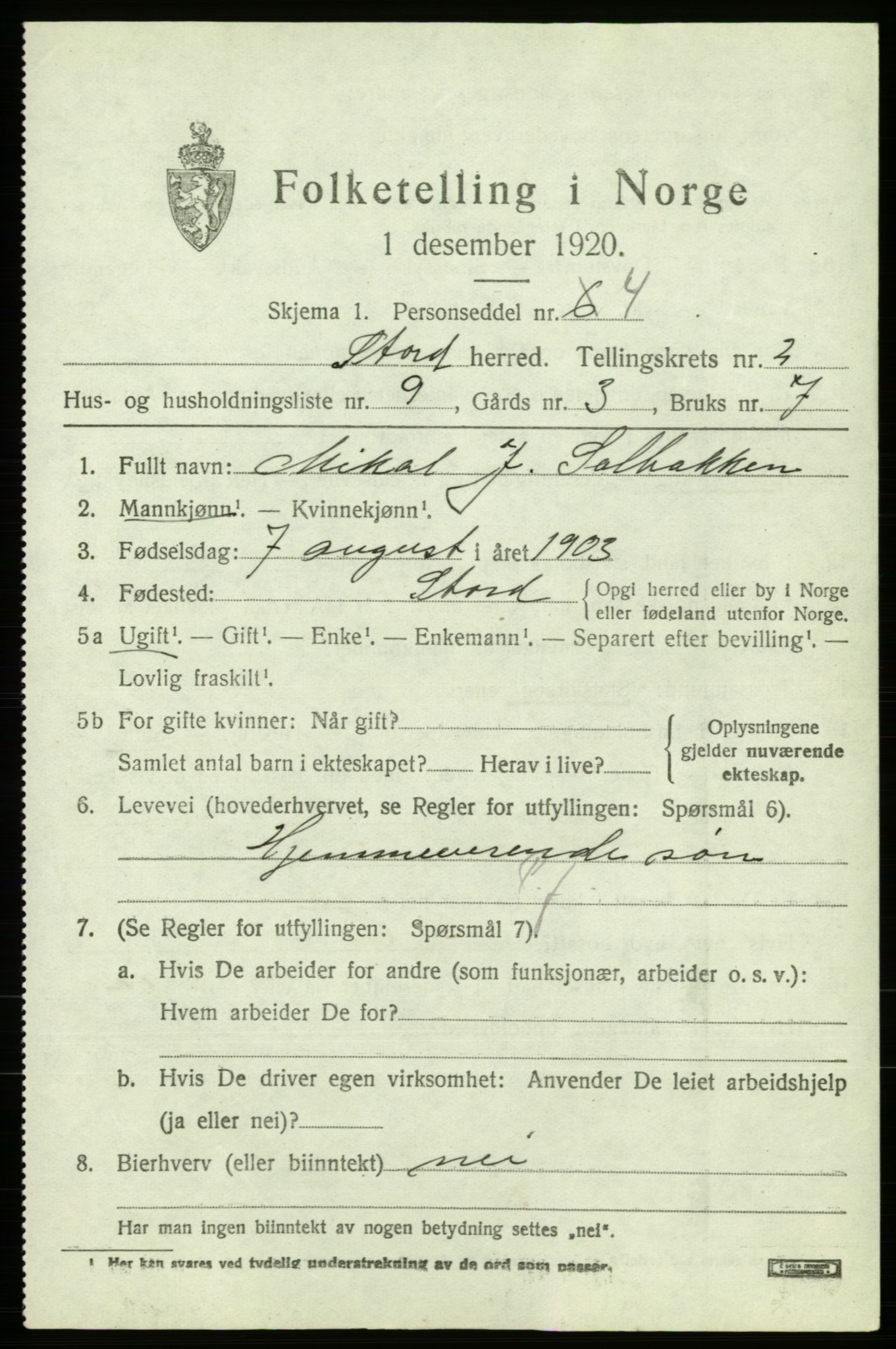 SAB, 1920 census for Stord, 1920, p. 1669