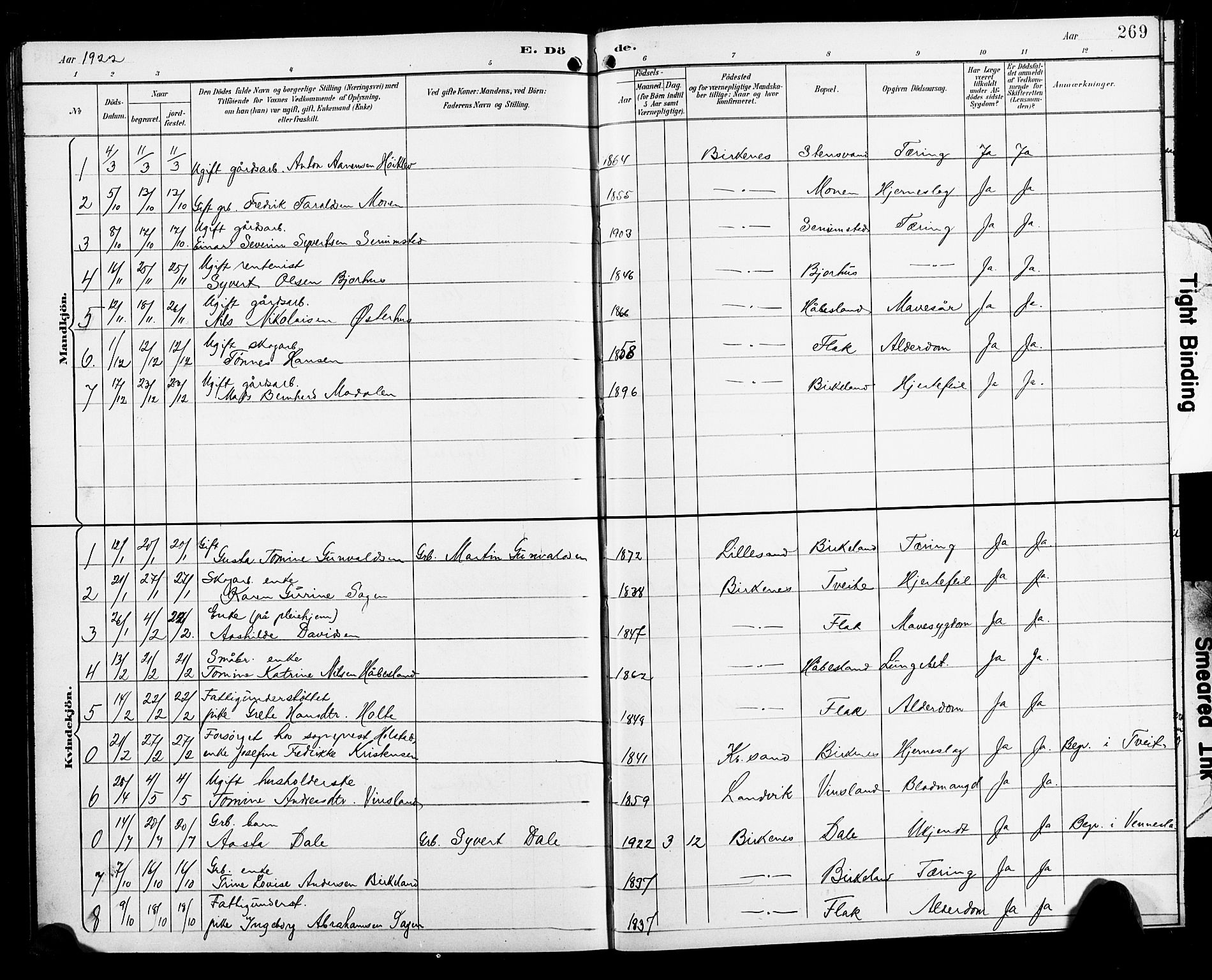 Birkenes sokneprestkontor, SAK/1111-0004/F/Fb/L0004: Parish register (copy) no. B 4, 1893-1930, p. 269