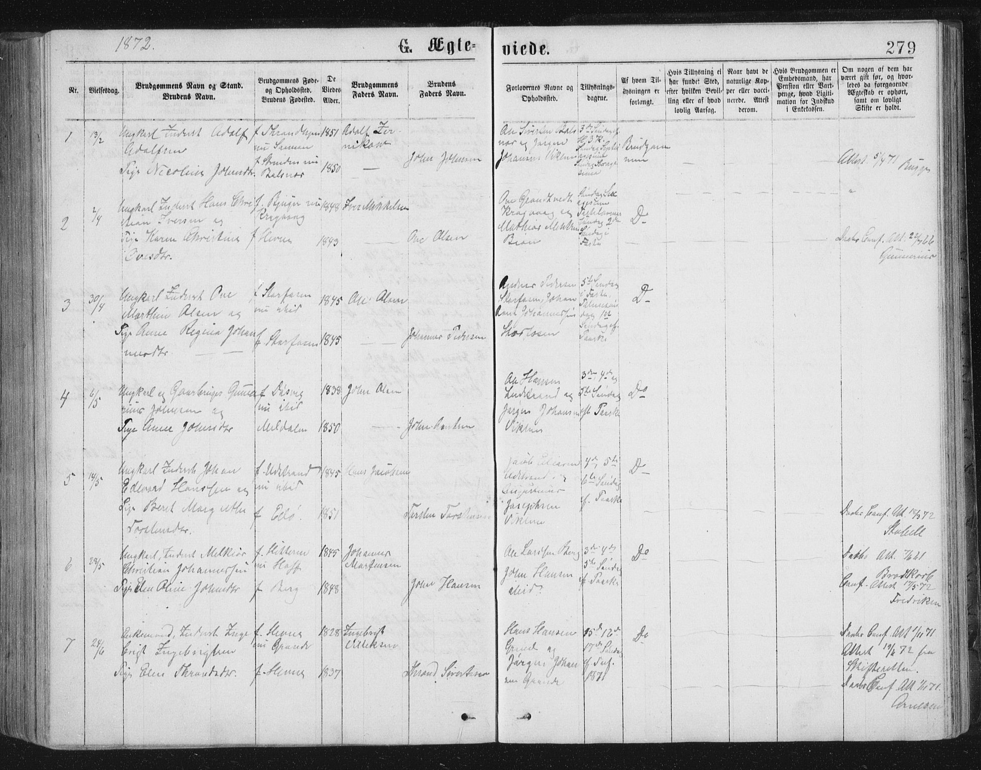 Ministerialprotokoller, klokkerbøker og fødselsregistre - Sør-Trøndelag, SAT/A-1456/659/L0745: Parish register (copy) no. 659C02, 1869-1892, p. 279