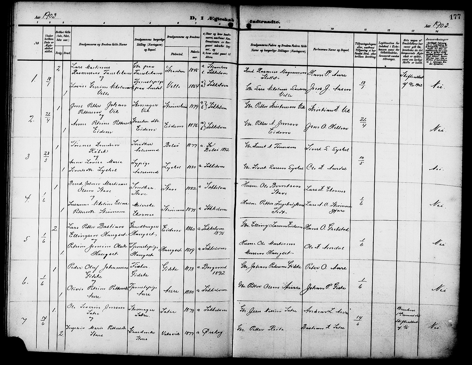 Ministerialprotokoller, klokkerbøker og fødselsregistre - Møre og Romsdal, AV/SAT-A-1454/523/L0341: Parish register (copy) no. 523C04, 1903-1916, p. 177