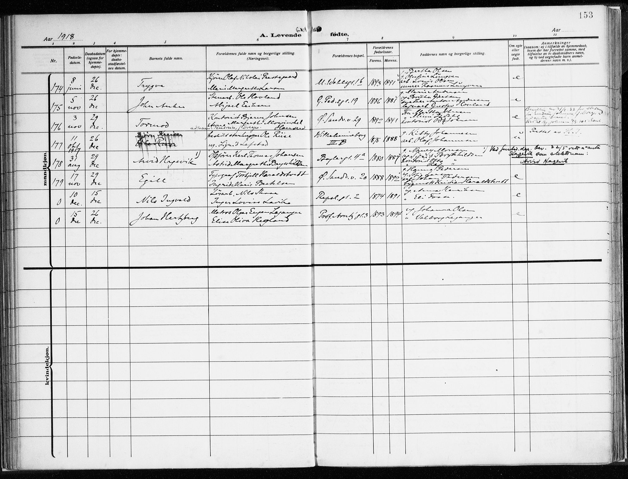 Sandviken Sokneprestembete, SAB/A-77601/H/Ha/L0007: Parish register (official) no. B 4, 1912-1924, p. 153