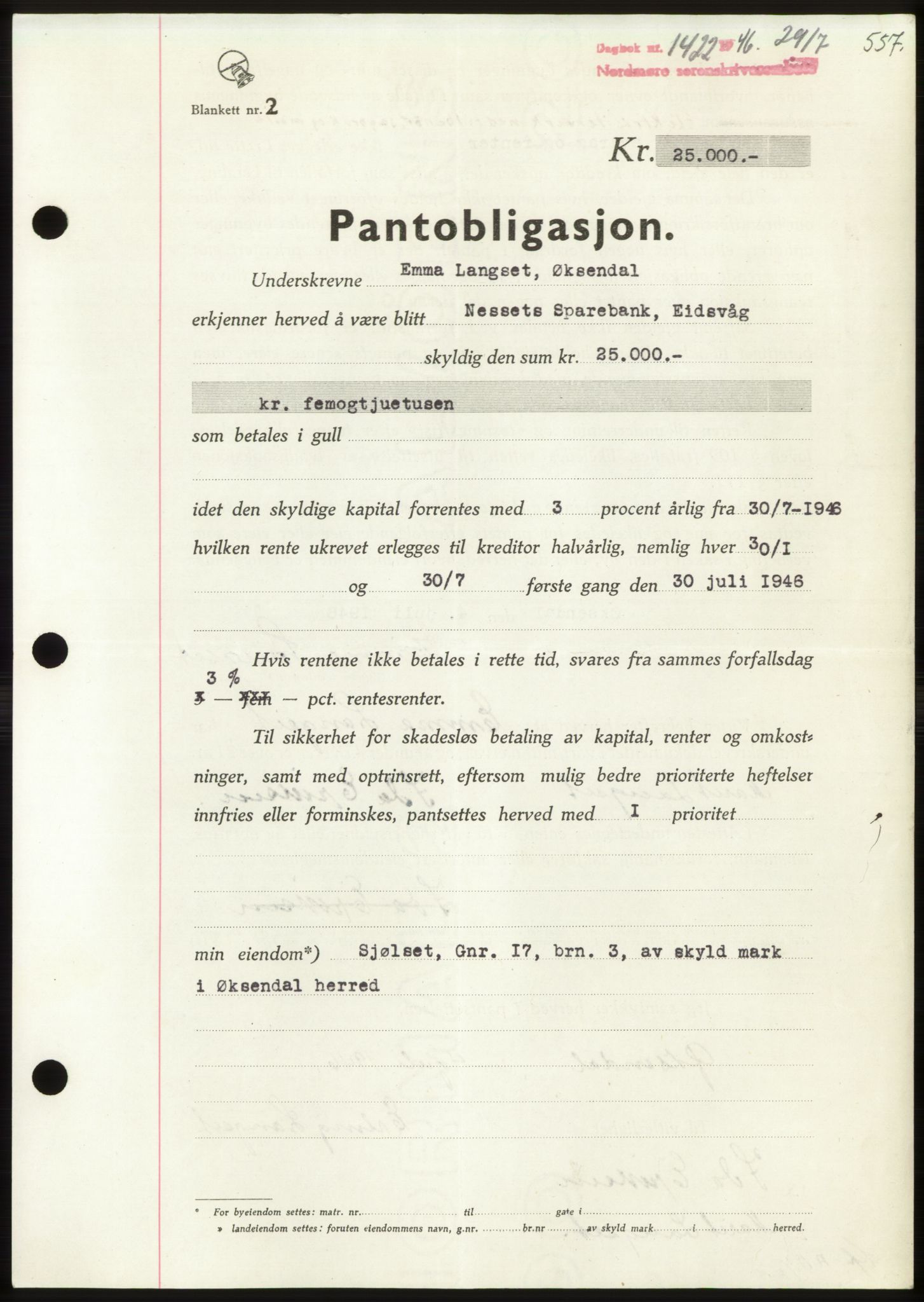 Nordmøre sorenskriveri, AV/SAT-A-4132/1/2/2Ca: Mortgage book no. B94, 1946-1946, Diary no: : 1422/1946