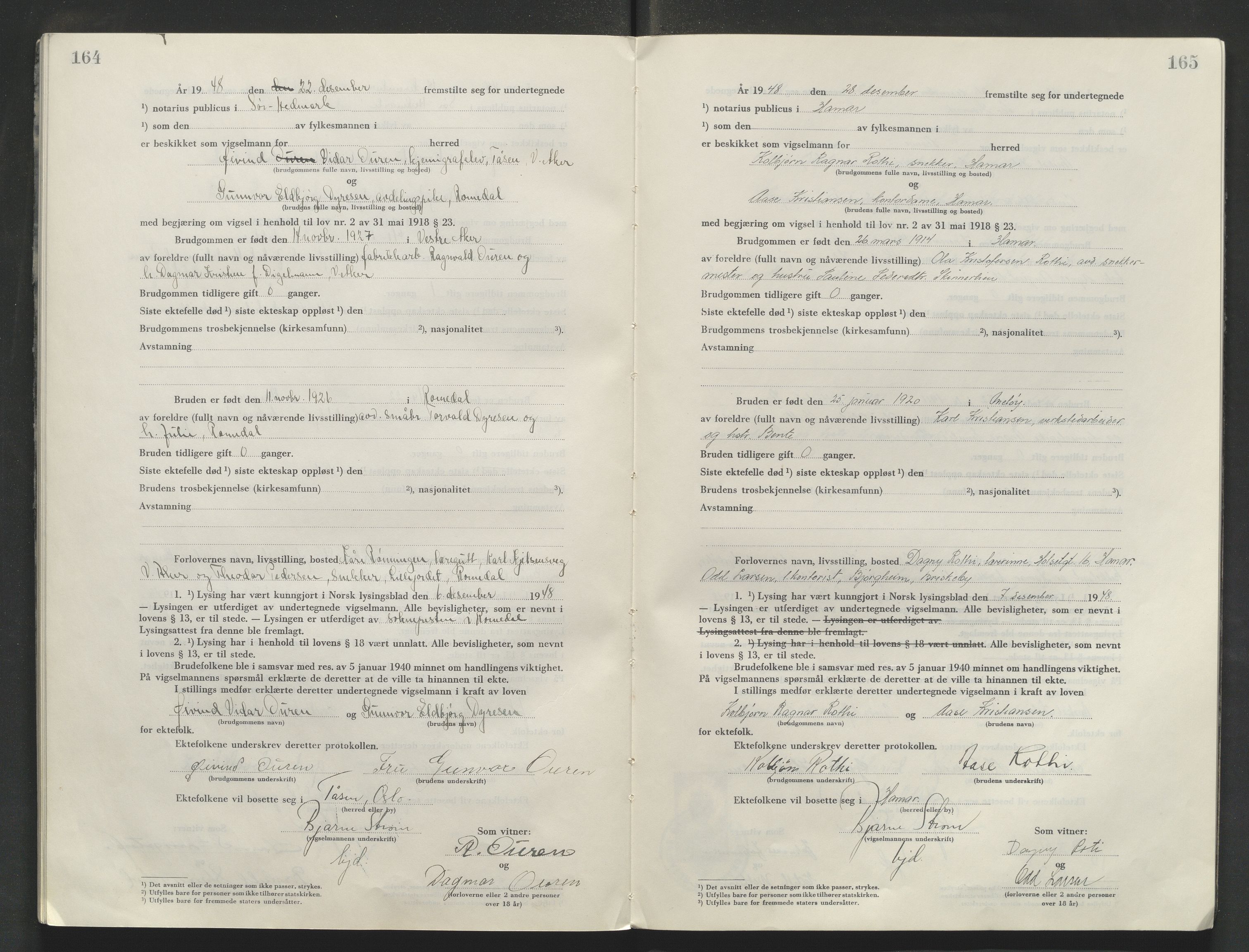 Sør-Hedmark sorenskriveri, AV/SAH-TING-014/L/Le/L0002/0002: Vigselsbøker / Vigselbok, 1945-1949, p. 164-165