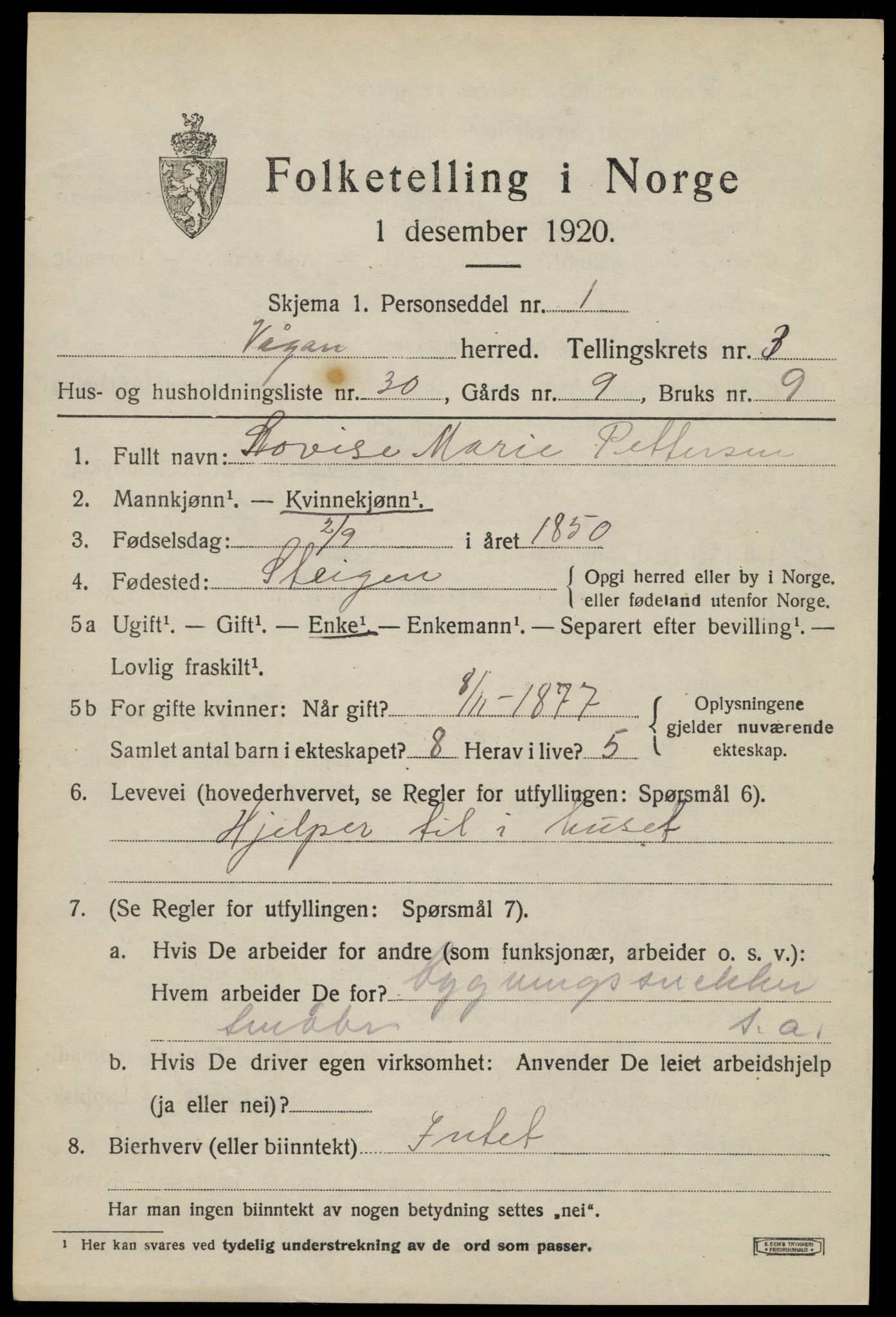 SAT, 1920 census for Vågan, 1920, p. 2943